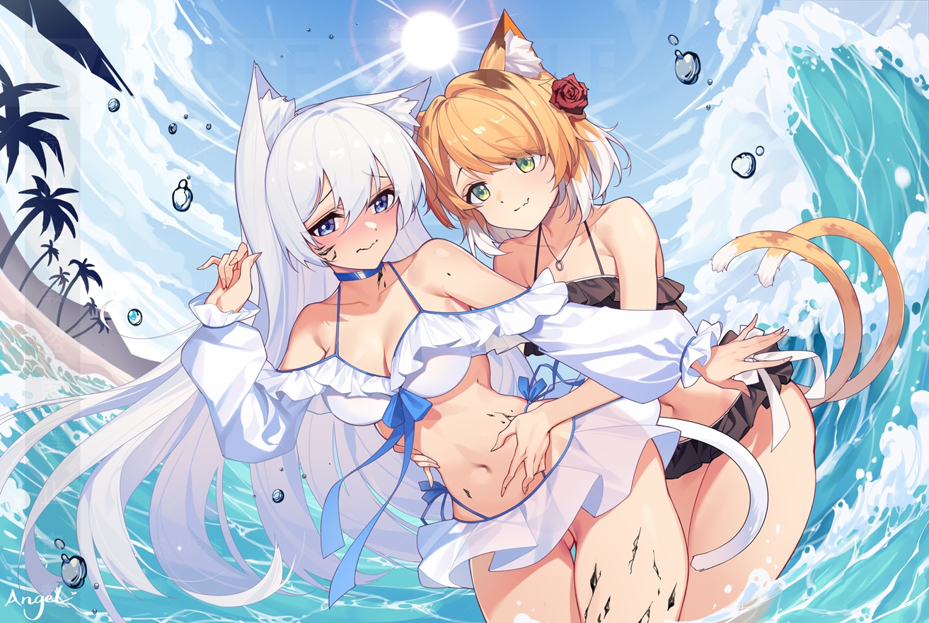 2girls, animal_ears, arknights, beach, bikini, blue_eyes, blush, breasts