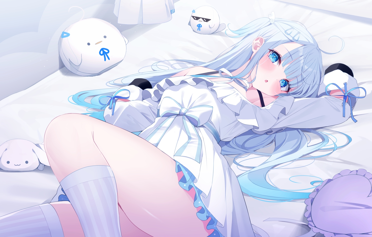 amatsuka_uto, aqua_eyes, bed, blue_hair, blush, bow, deyui, dress