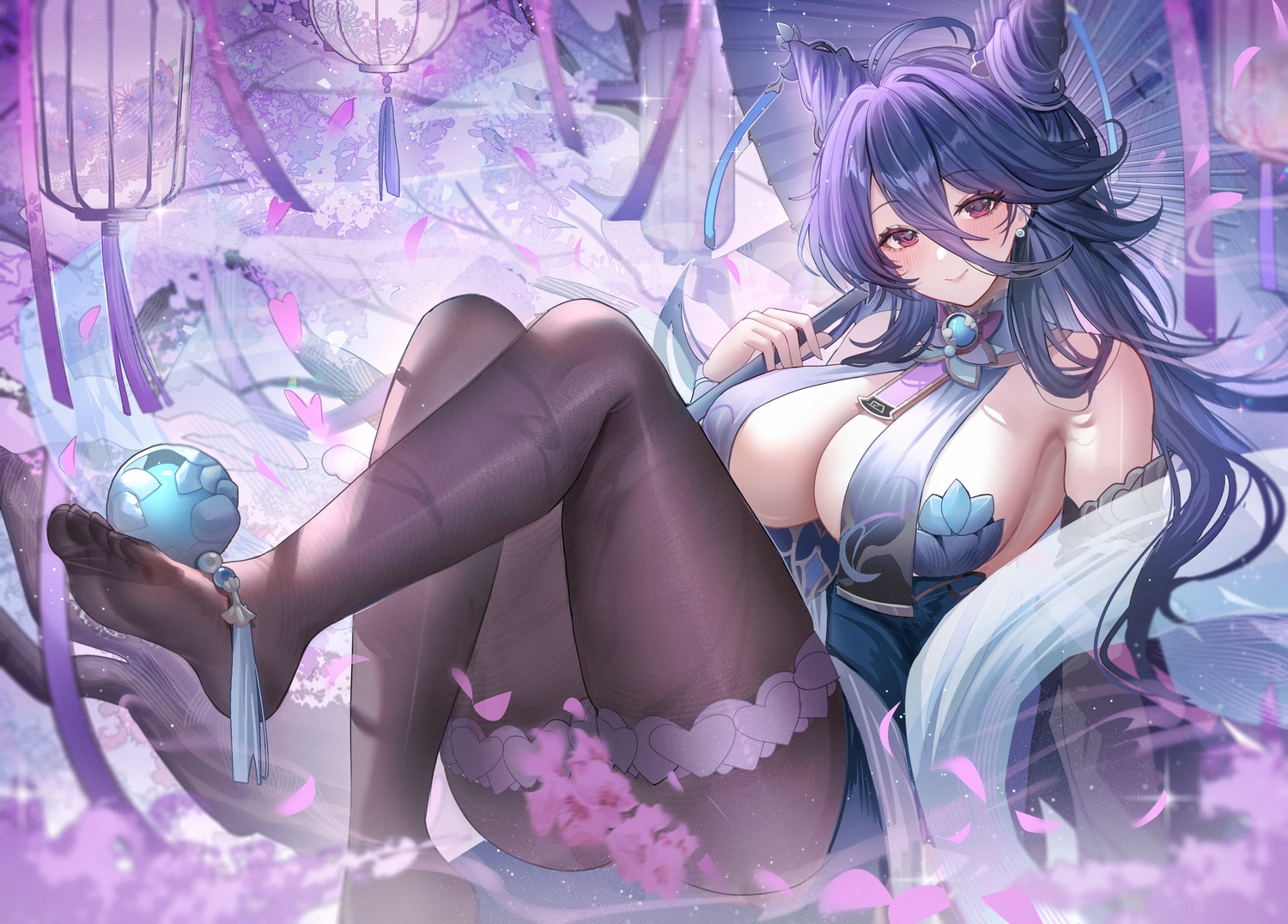 anthropomorphism, azur_lane, blush, breasts, cherry_blossoms, chi_an_(azur_lane), cleavage, dress, flowers, long_hair, pantyhose, petals, purple_eyes, purple_hair, tansuan_(ensj3875), tree, umbrella