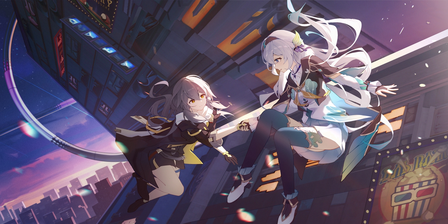 2girls, building, city, clouds, dress, firefly_(honkai:_star_rail), gleam_lin_shi, gloves