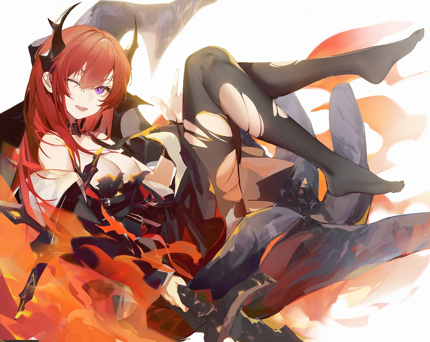 arknights, breasts, cleavage, dress, drive_shot, fire, horns, long_hair