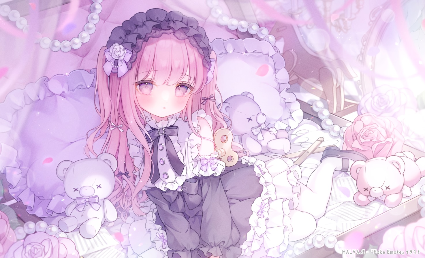 bed, blush, bow, dress, goth-loli, headdress, loli, lolita_fashion