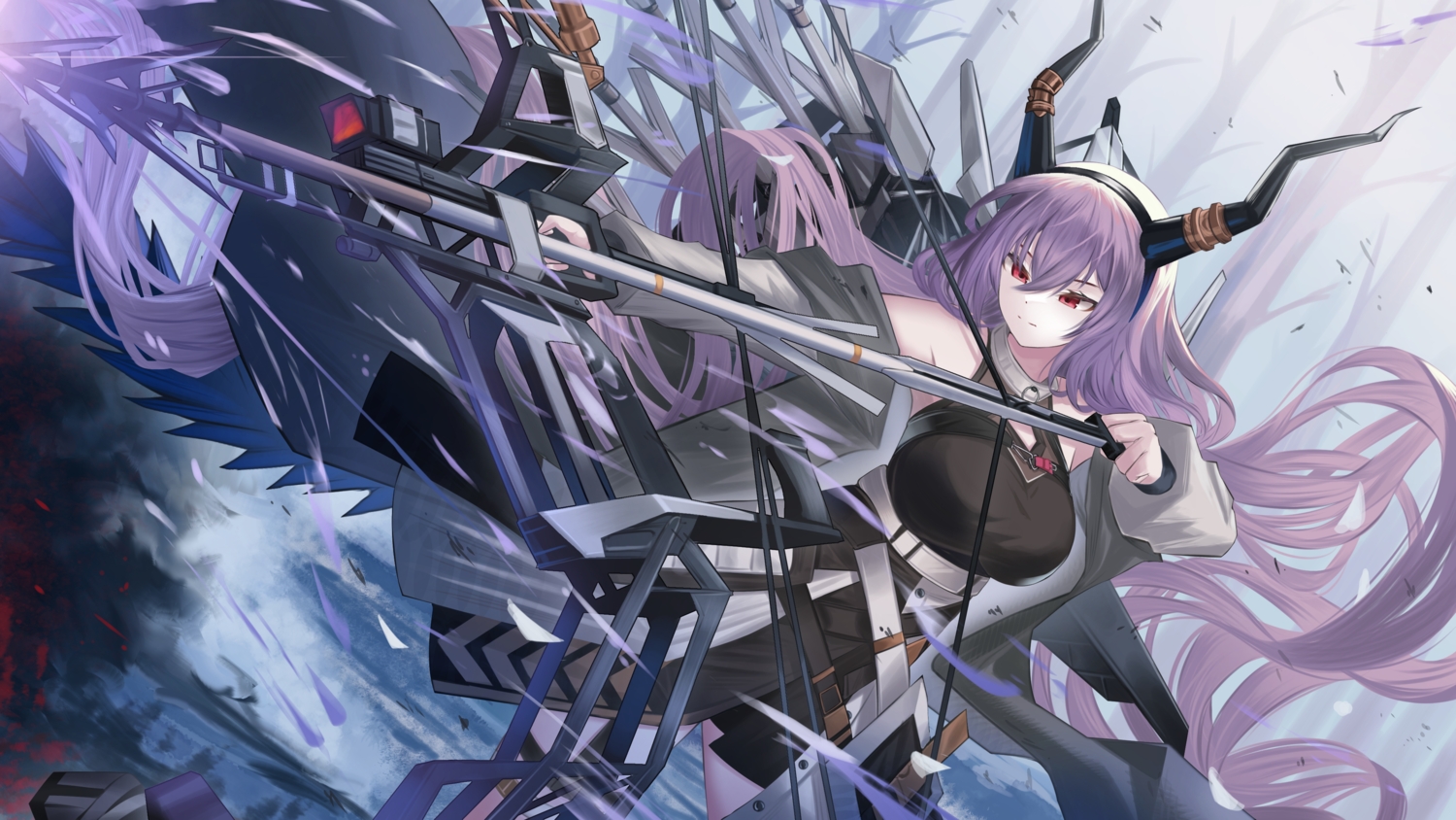 aliasing, arknights, bow_(weapon), dress, headband, horns, long_hair, purple_hair