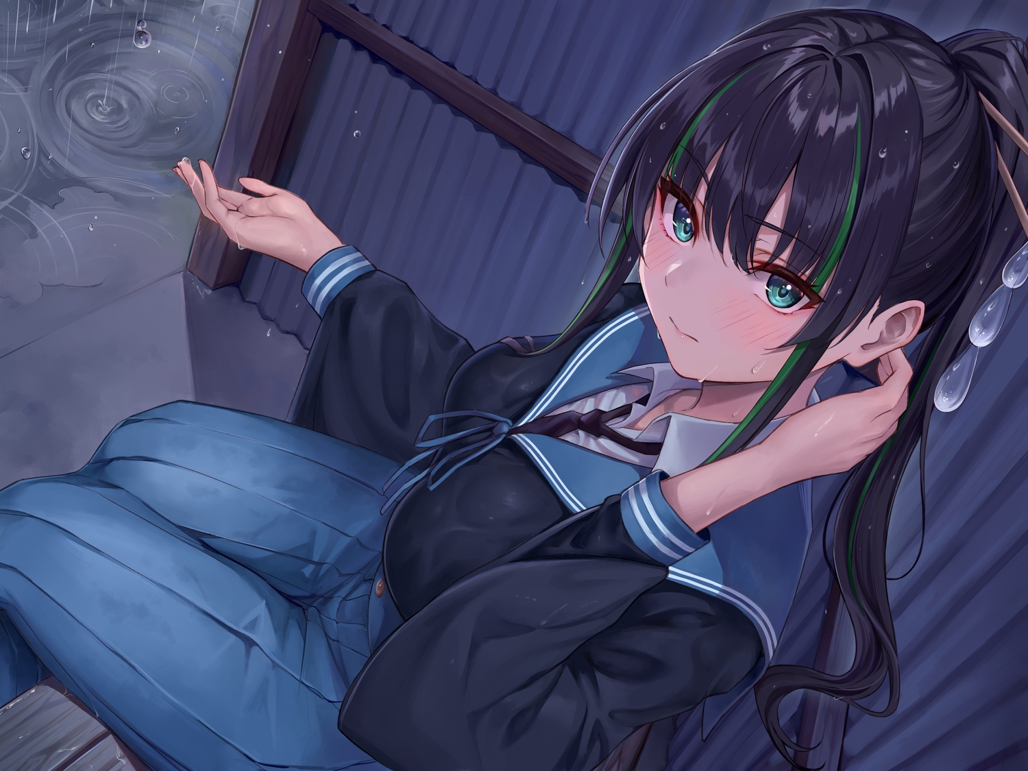 aqua_eyes, black_hair, blush, long_hair, nagiha_kuten, original, rain, school_uniform, skirt, tegurayuki, water, wet