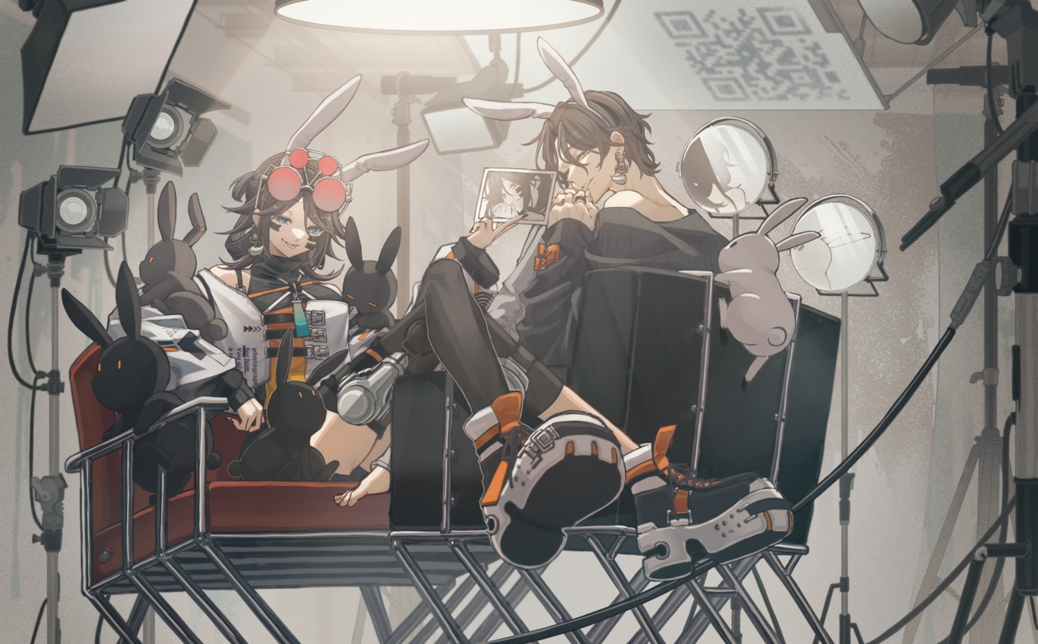 animal, animal_ears, blue_eyes, brown_hair, bunny_ears, camera, dress, garter