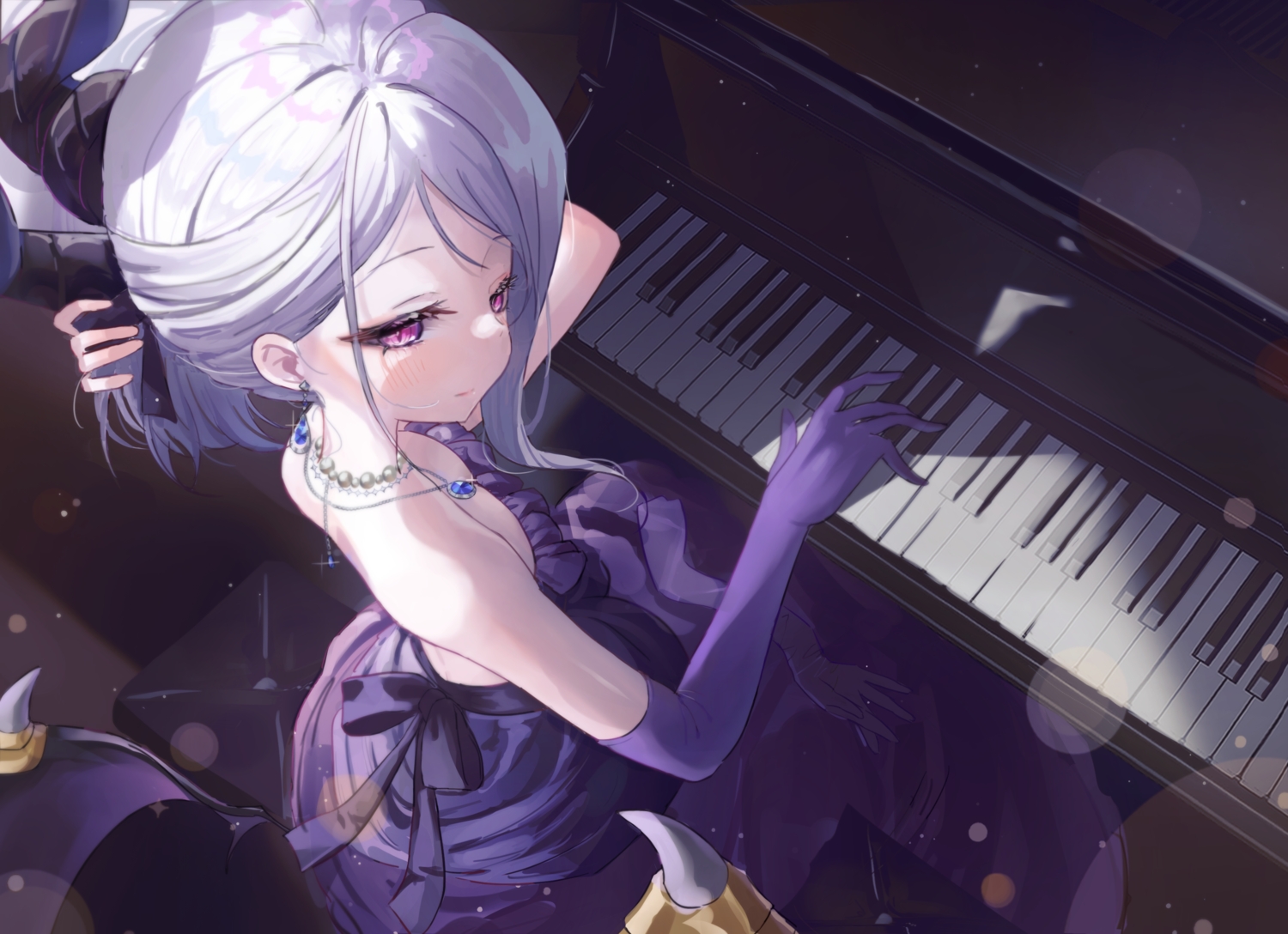 blue_archive, blush, close, elbow_gloves, flat_chest, gloves, horns, instrument, lunel, necklace, piano, purple_eyes, sorasaki_hina, white_hair