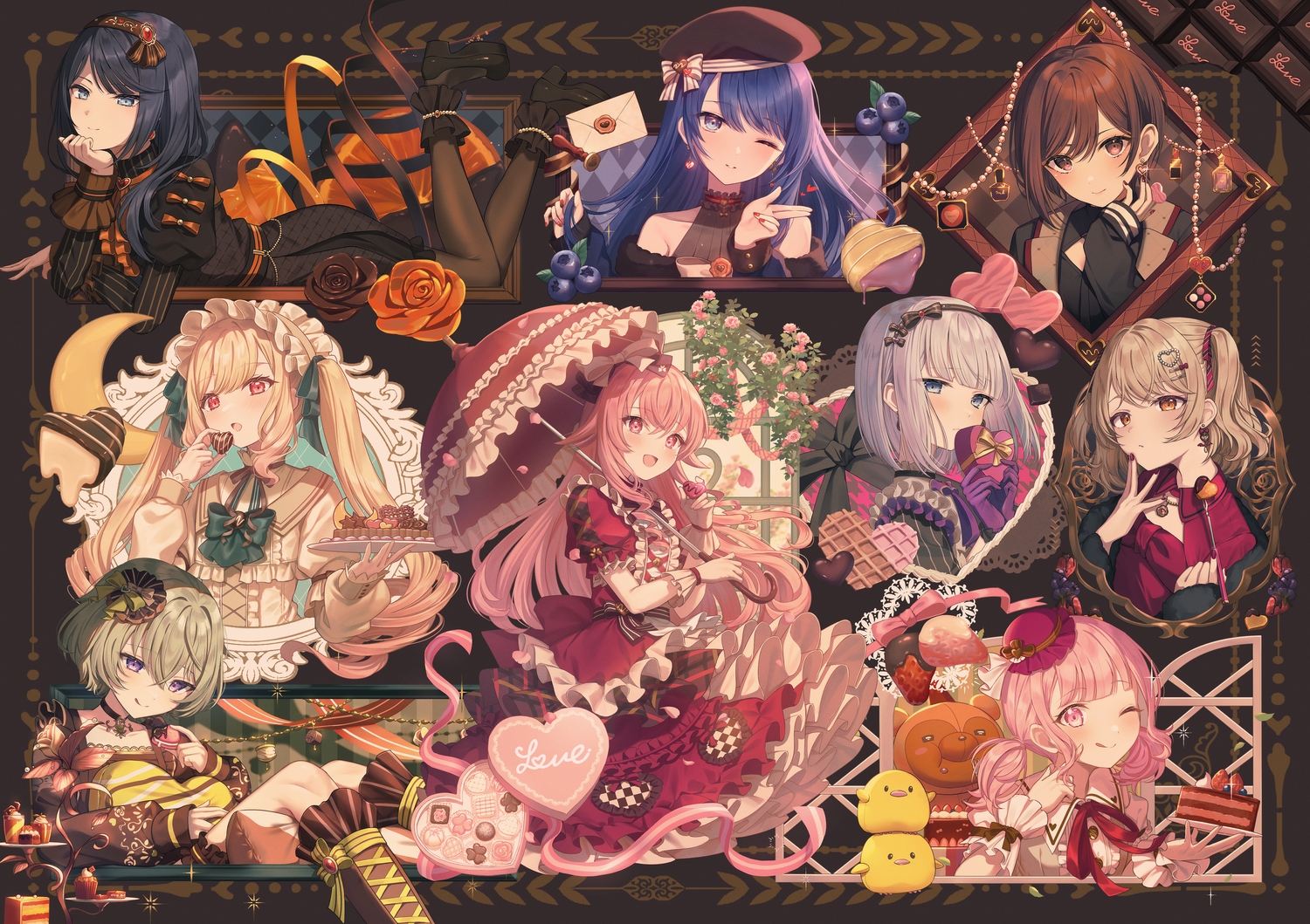 azusawa_kohane, black_hair, blue_eyes, bow, brown_eyes, brown_hair, cake, candy