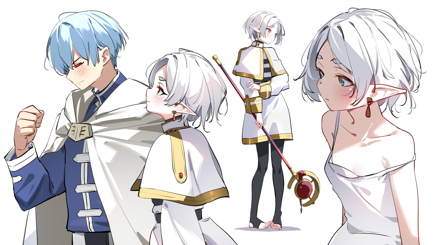 barefoot, blue_hair, blush, cape, dress, flat_chest, frieren, gray_hair, green_eyes, himmel_(sousou_no_frieren), hood, male, no_bra, pantyhose, pointed_ears, short_hair, sousou_no_frieren, summer_dress, sydus, white