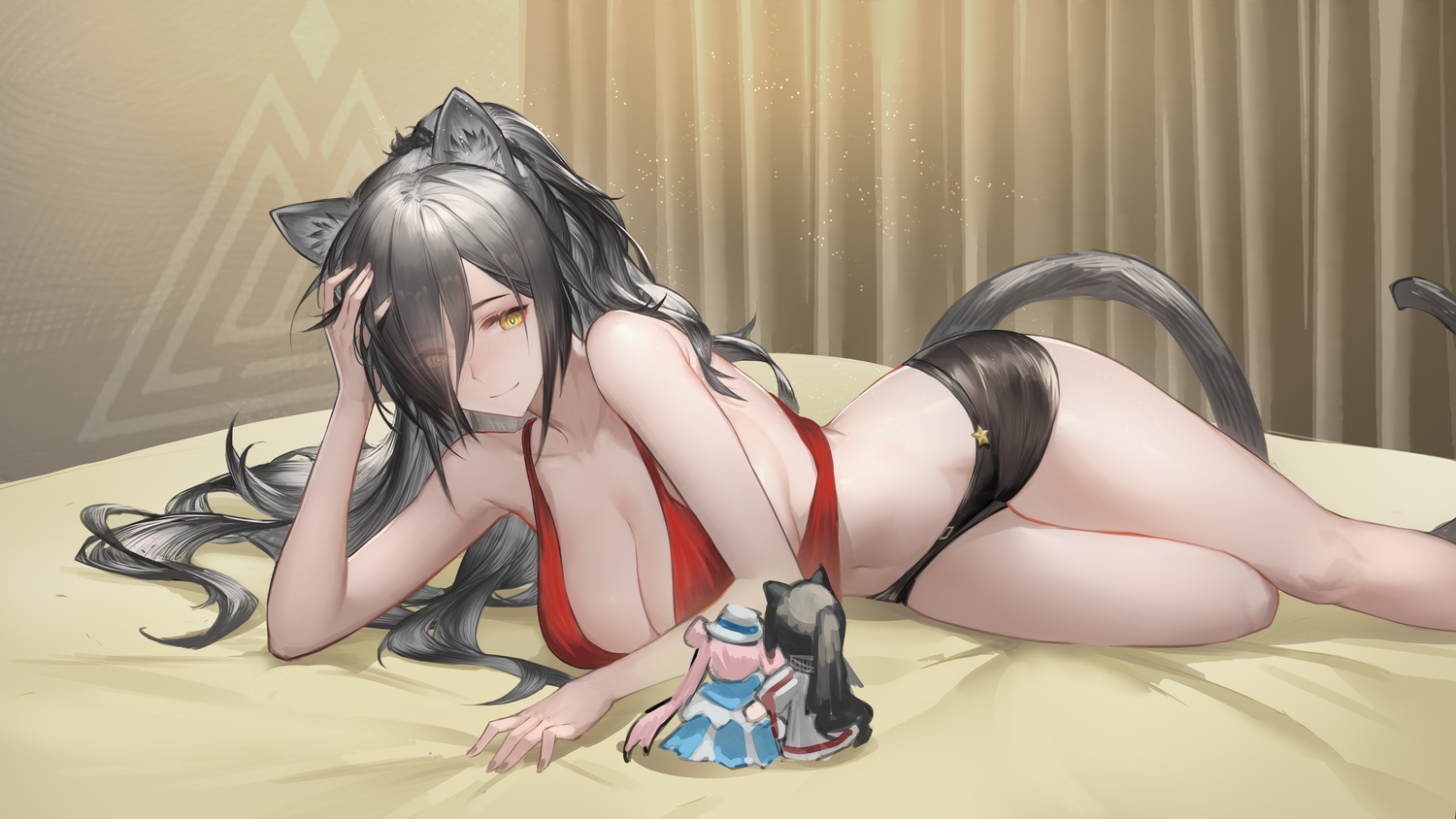 animal_ears, arknights, black_hair, blush, breasts, catgirl, ceylon_(arknights), cleavage, doll, long_hair, navel, ponytail, schwarz_(arknights), shorts, tail, yellow_eyes, yiyanbanshengchou
