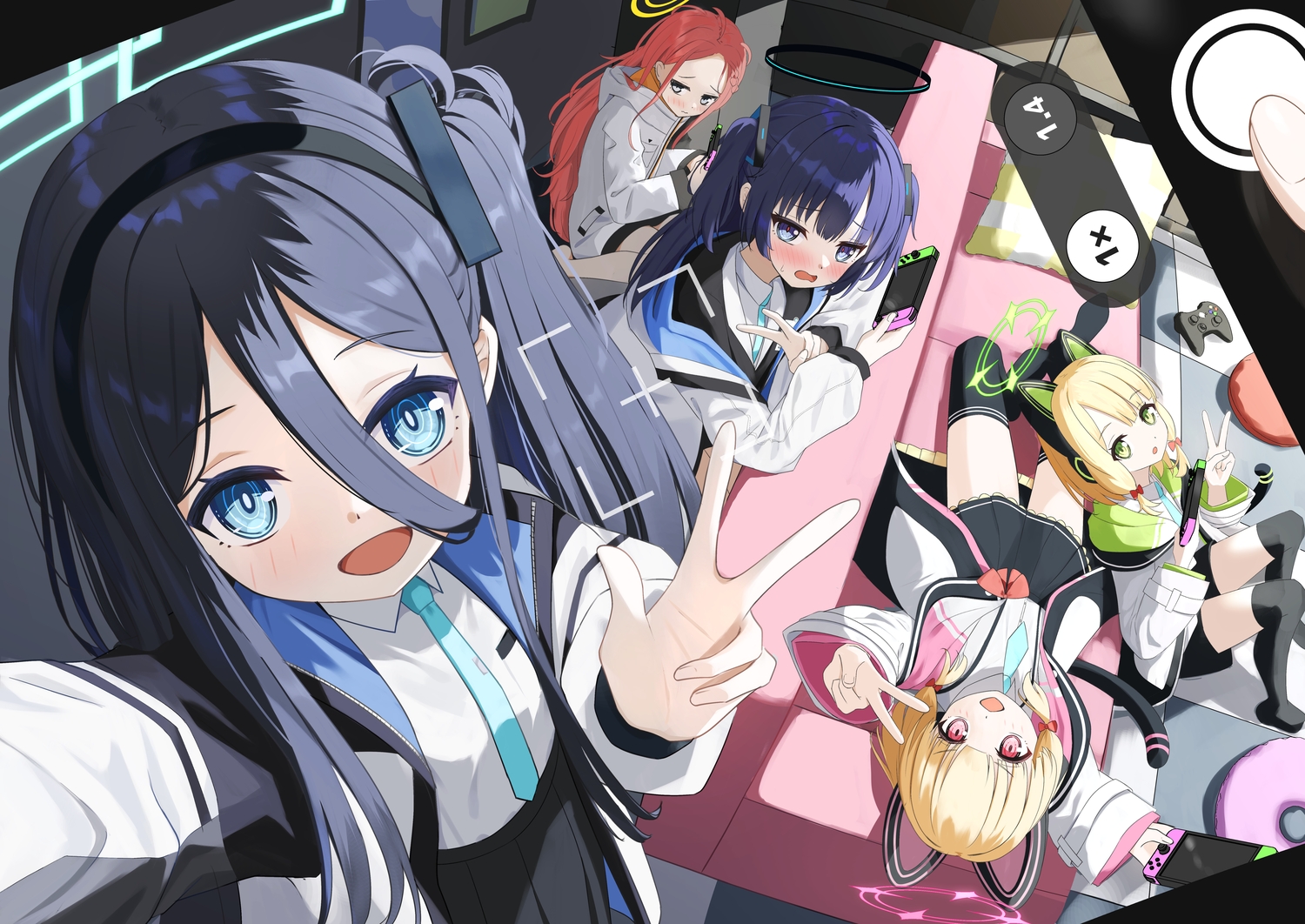 animal_ears, black_hair, blonde_hair, blue_archive, blue_eyes, blush, braids, camera