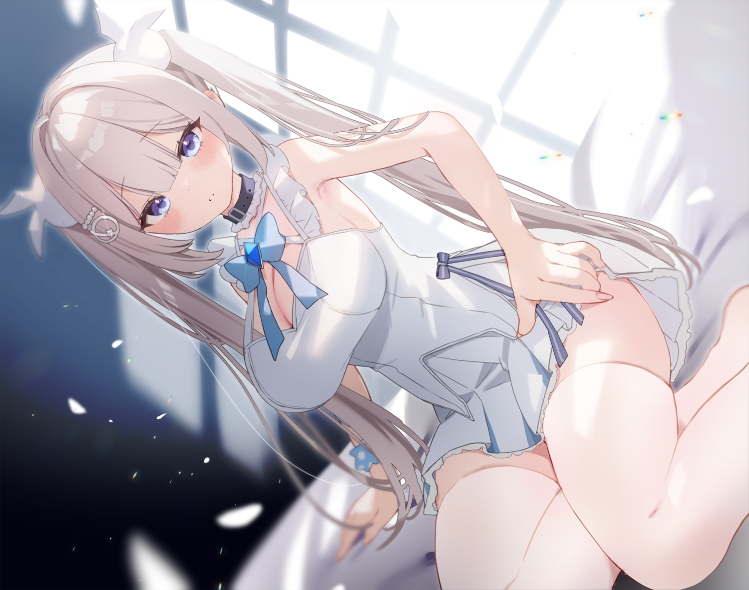 blush, bow, breasts, cleavage, collar, gray_hair, long_hair, original, purple_eyes, sakuma_shiki, thighhighs, twintails, wristwear