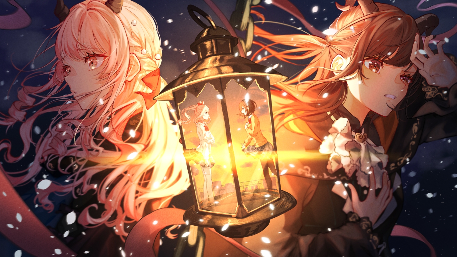 2girls, akiyama_mizuki, bow, braids, brown_eyes, brown_hair, building, horns