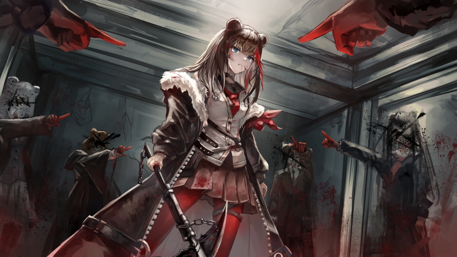 absinthe_(arknights), animal_ears, arknights, blood, blue_eyes, brown_hair, collar, garter