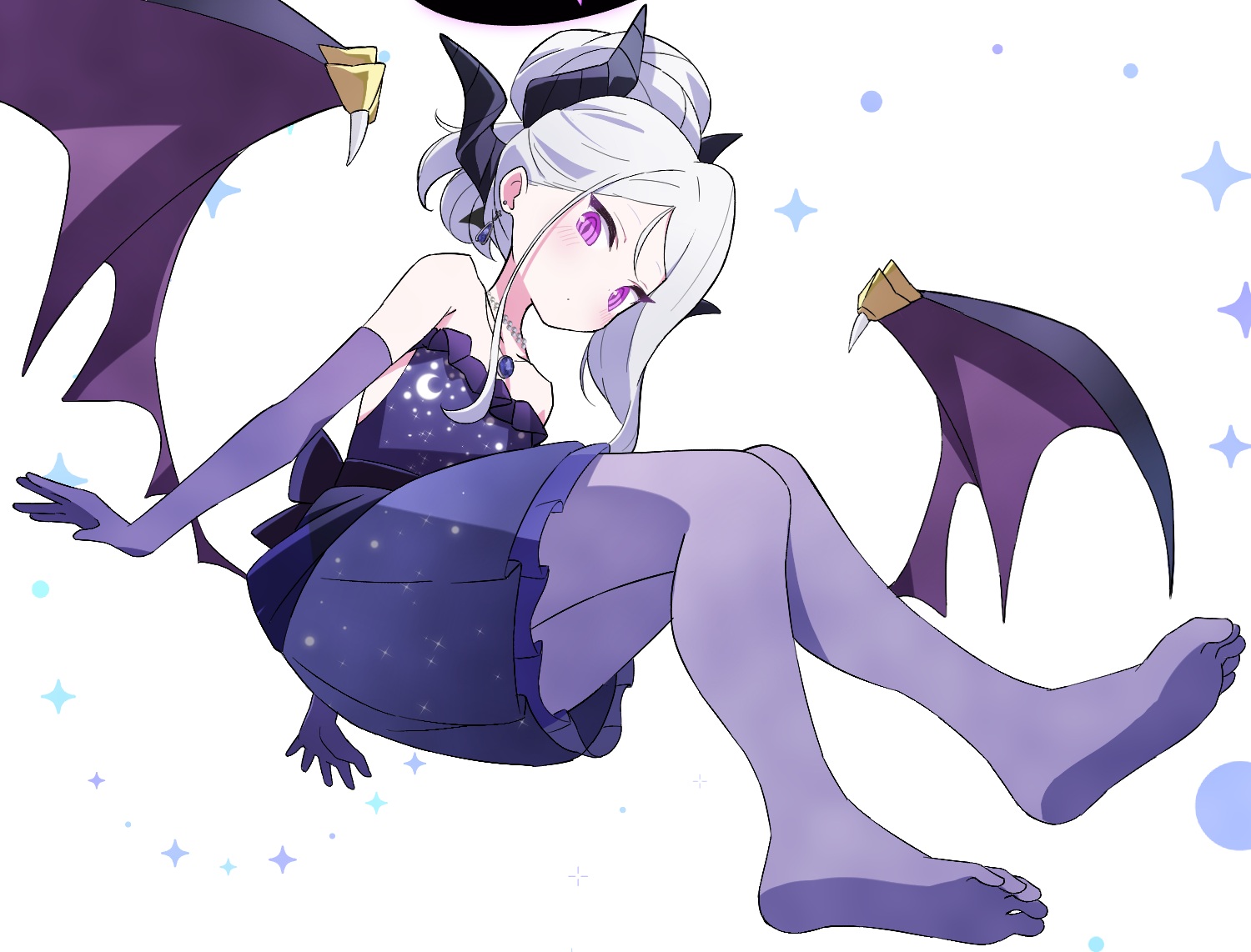 aliasing, blue_archive, blush, dress, elbow_gloves, flat_chest, gloves, gray_hair, halo, horns, loli, pantyhose, ponytail, purple_eyes, sasanoha_(sasanoha0712), short_hair, sorasaki_hina, stars, wings
