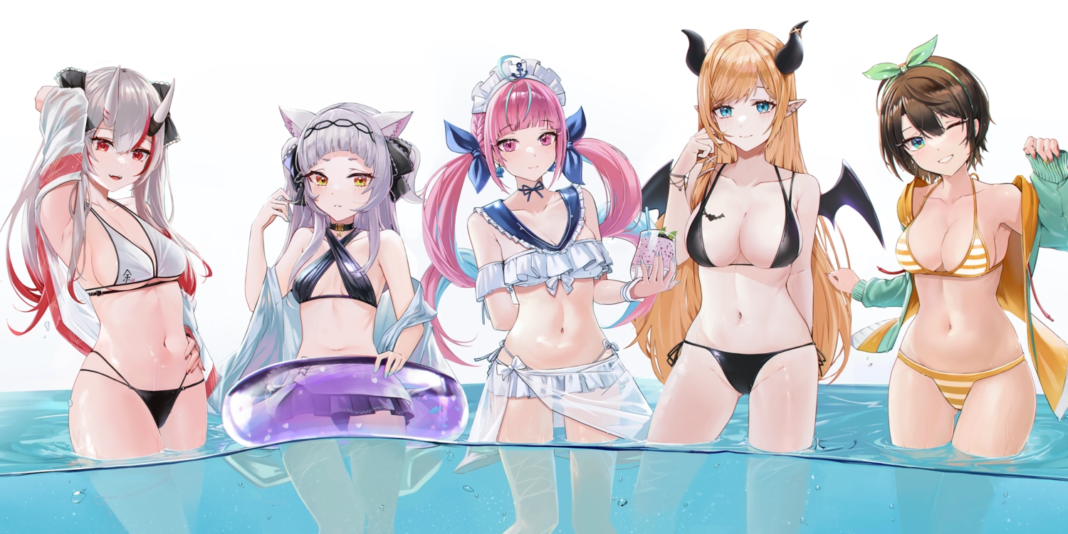 animal_ears, anizi, bikini, blue_eyes, blush, braids, breasts, brown_hair