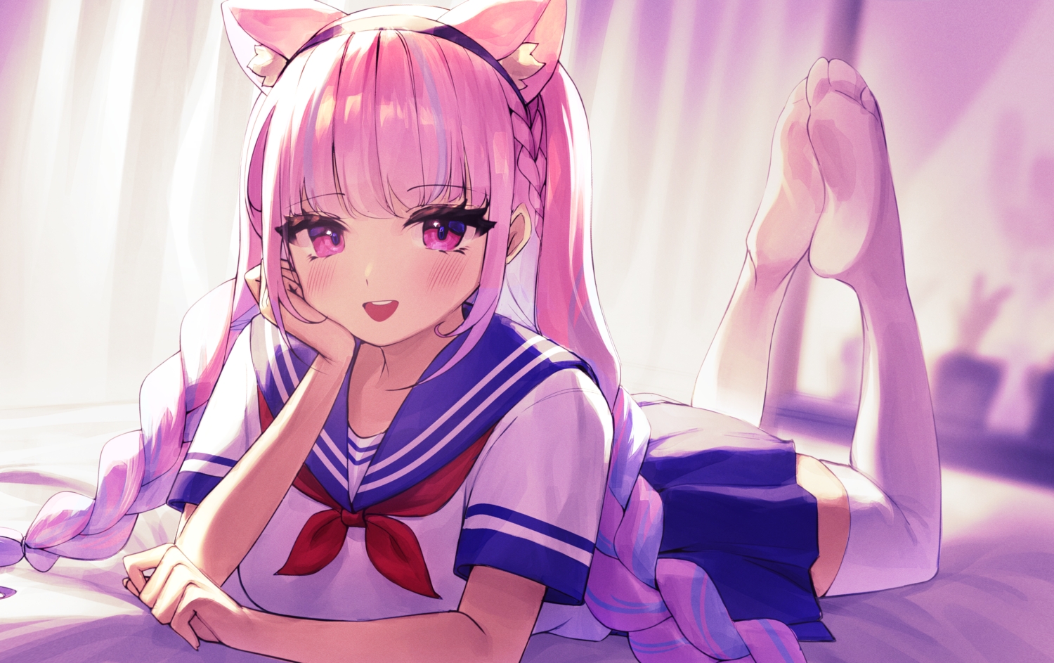 aliasing, animal_ears, blush, braids, catgirl, headband, hololive, long_hair