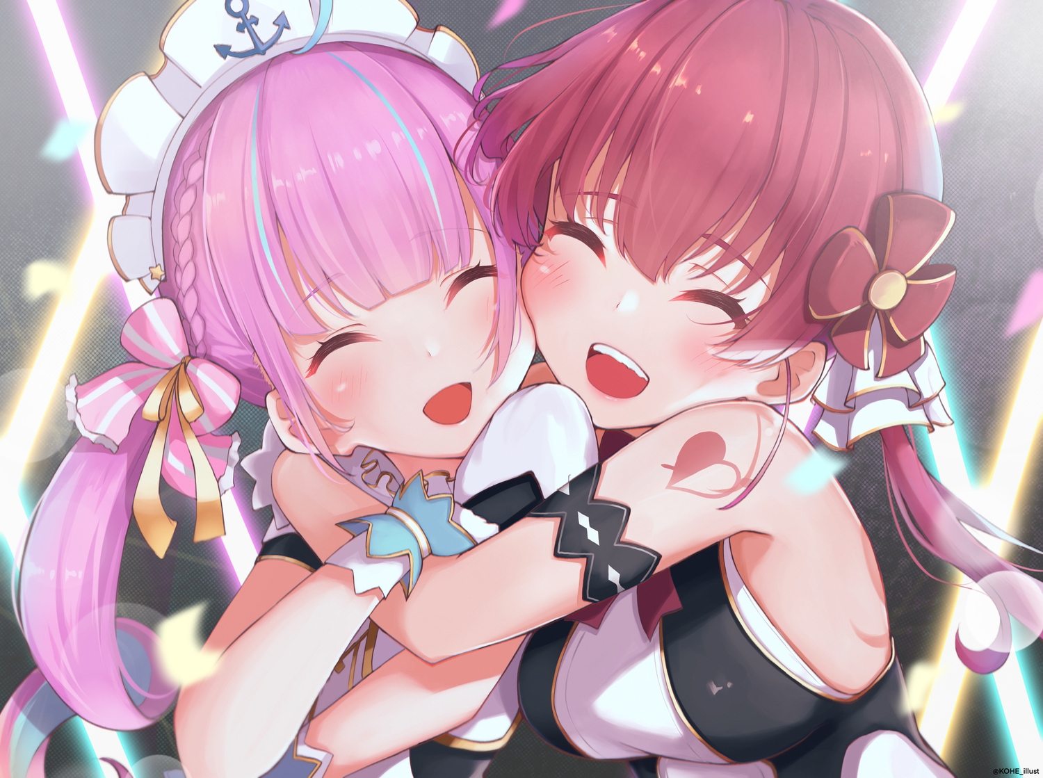 2girls, aliasing, blush, braids, breasts, close, dress, headdress