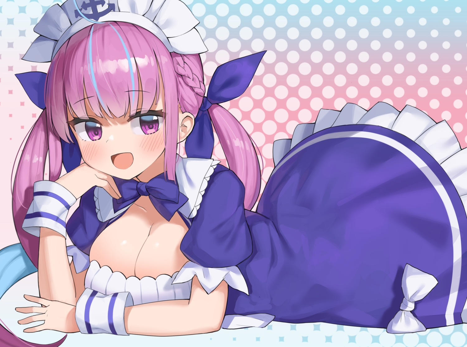 blush, bow, breasts, cleavage, headdress, hololive, long_hair, maid, minato_aqua, pink_hair, pocari_(sq551), purple_eyes, ribbons, twintails, wristwear