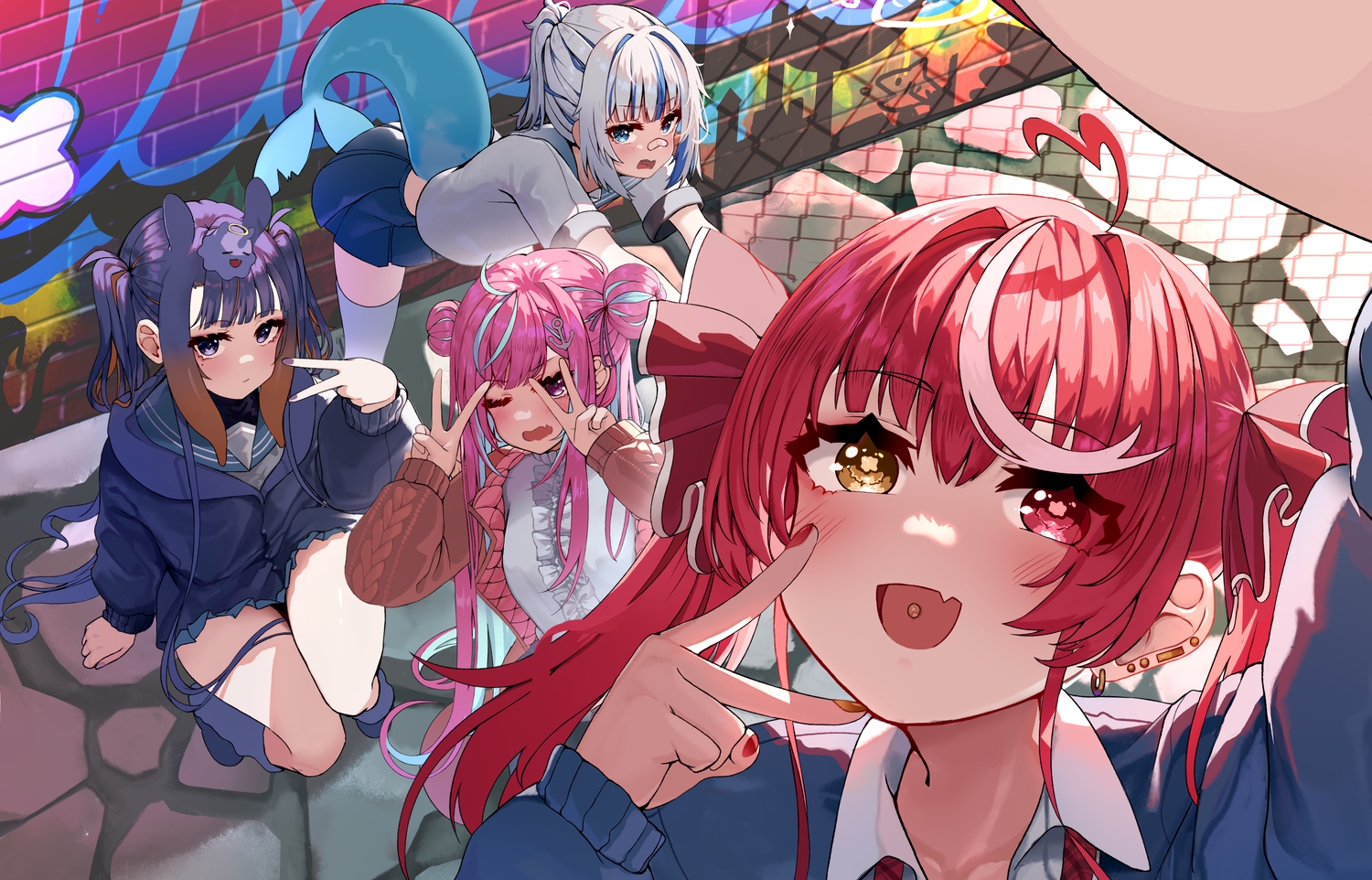 bandaid, bicolored_eyes, blue_eyes, blush, camera, close, fang, gawr_gura