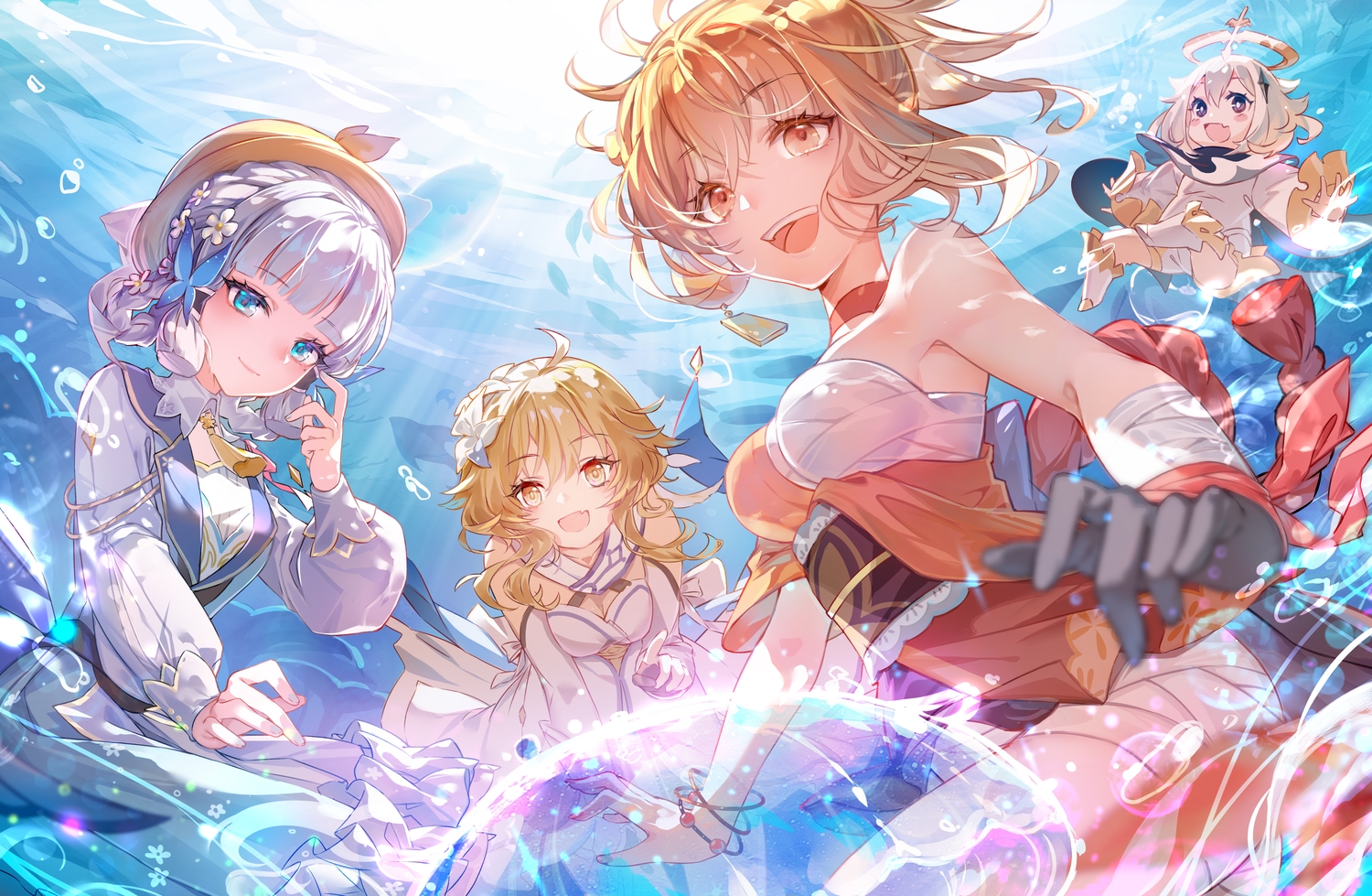 animal, aqua_eyes, a-ton, blonde_hair, blue_eyes, blue_hair, blush, bondage, braids, dress, fang, fish, genshin_impact, gloves, group, halo, hat, japanese_clothes, kamisato_ayaka, loli, long_hair, lumine_(genshin_impact), orange_eyes, orange_hair, paimon_(genshin_impact), purple_eyes, short_hair, underwater, water, white_hair, wristwear, yellow_eyes, yoimiya_(genshin_impact)