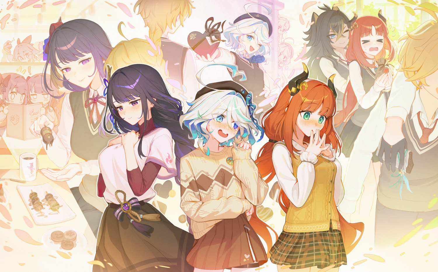 aether_(genshin_impact), bicolored_eyes, blonde_hair, blush, book, bow, chocolate, dehya_(genshin_impact)