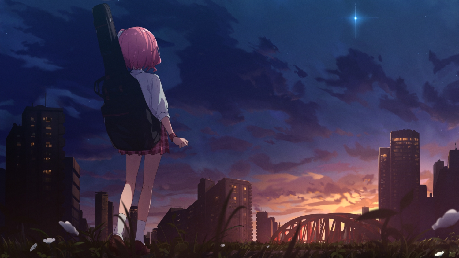 building, city, clouds, flowers, grass, leaves, maisaki_berry, pink_hair, schatten, school_uniform, shirt, short_hair, skirt, sky, socks, stars, sunset, wristwear