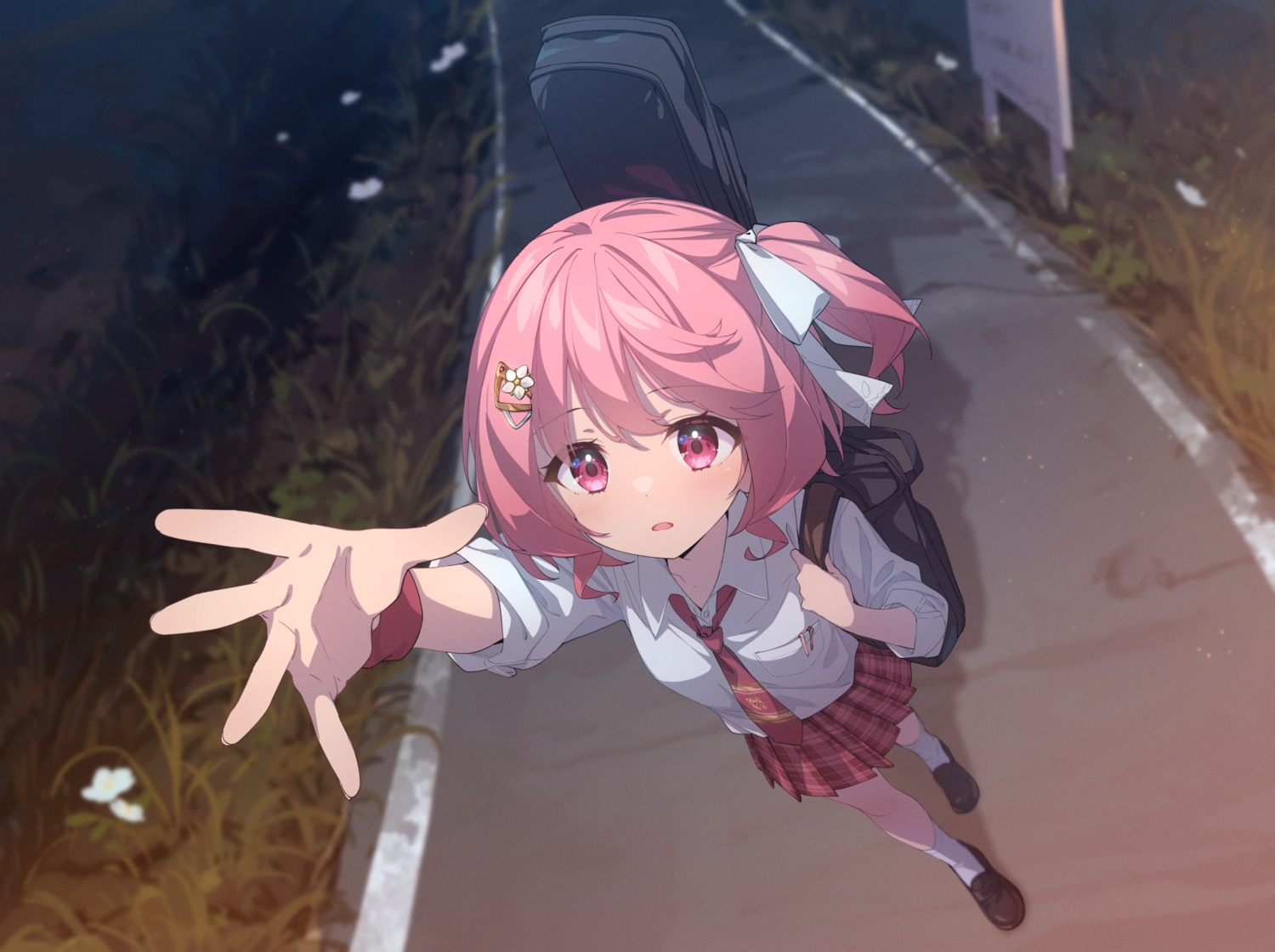 close, flowers, grass, maisaki_berry, pink_eyes, pink_hair, ribbons, schatten, school_uniform, shirt, skirt, socks, tie, wristwear