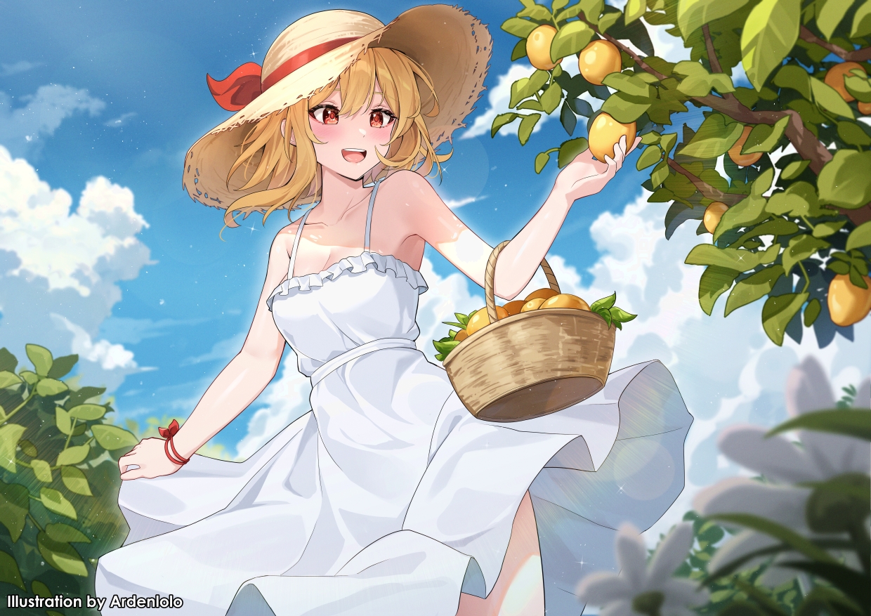aliasing, ardenlolo, blonde_hair, blush, breasts, cleavage, clouds, dress, flowers, food, fruit, hat, hololive, kaela_kovalskia, leaves, long_hair, red_eyes, short_hair, skirt_lift, sky, tree, watermark, wristwear