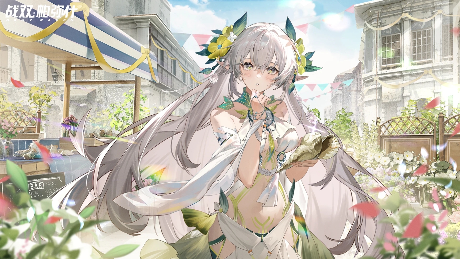 blush, building, city, clouds, flowers, gray_hair, green_eyes, lamia_(pgr)