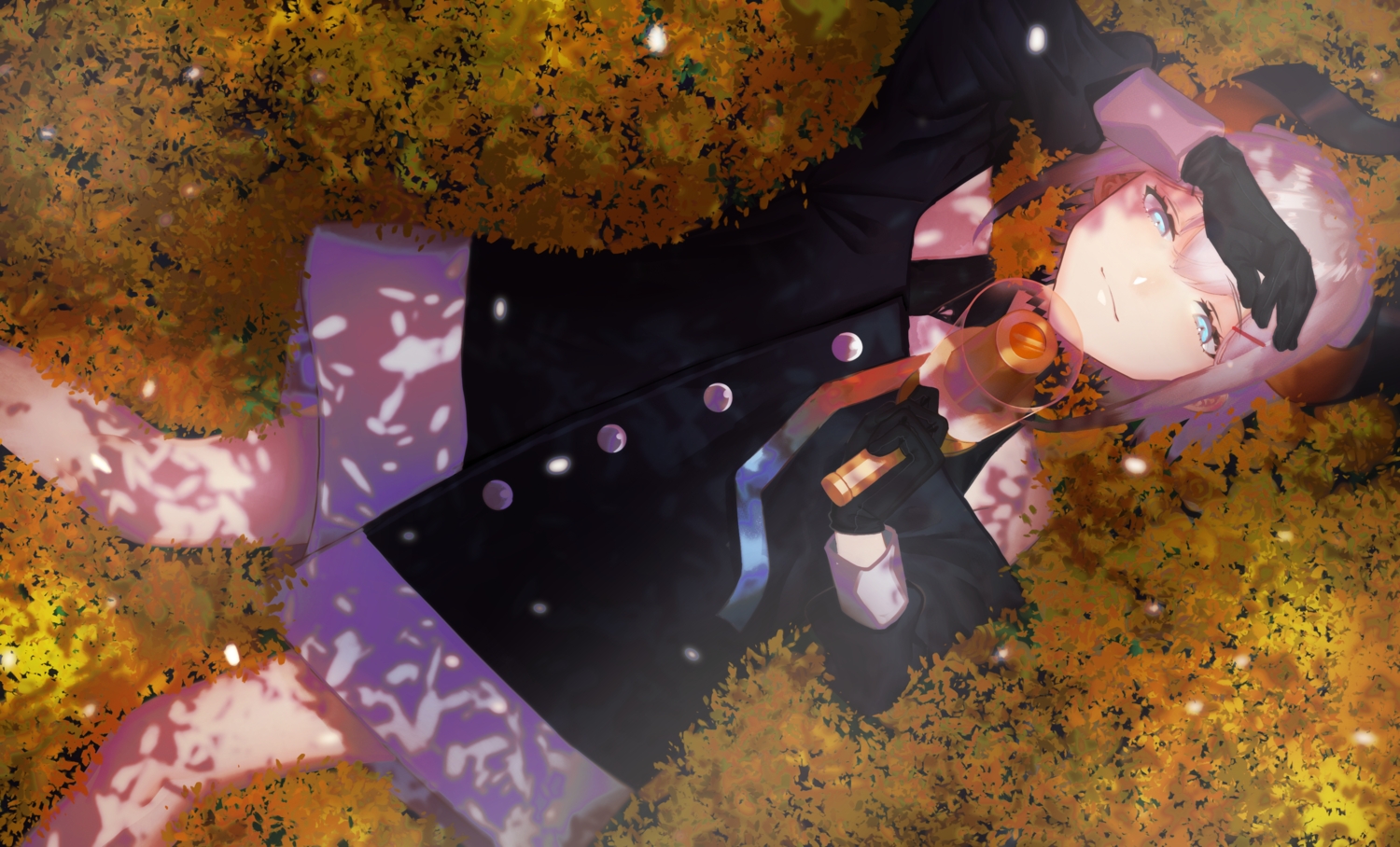 autumn, blue_eyes, dress, gloves, grass, gray_hair, horns, leaves