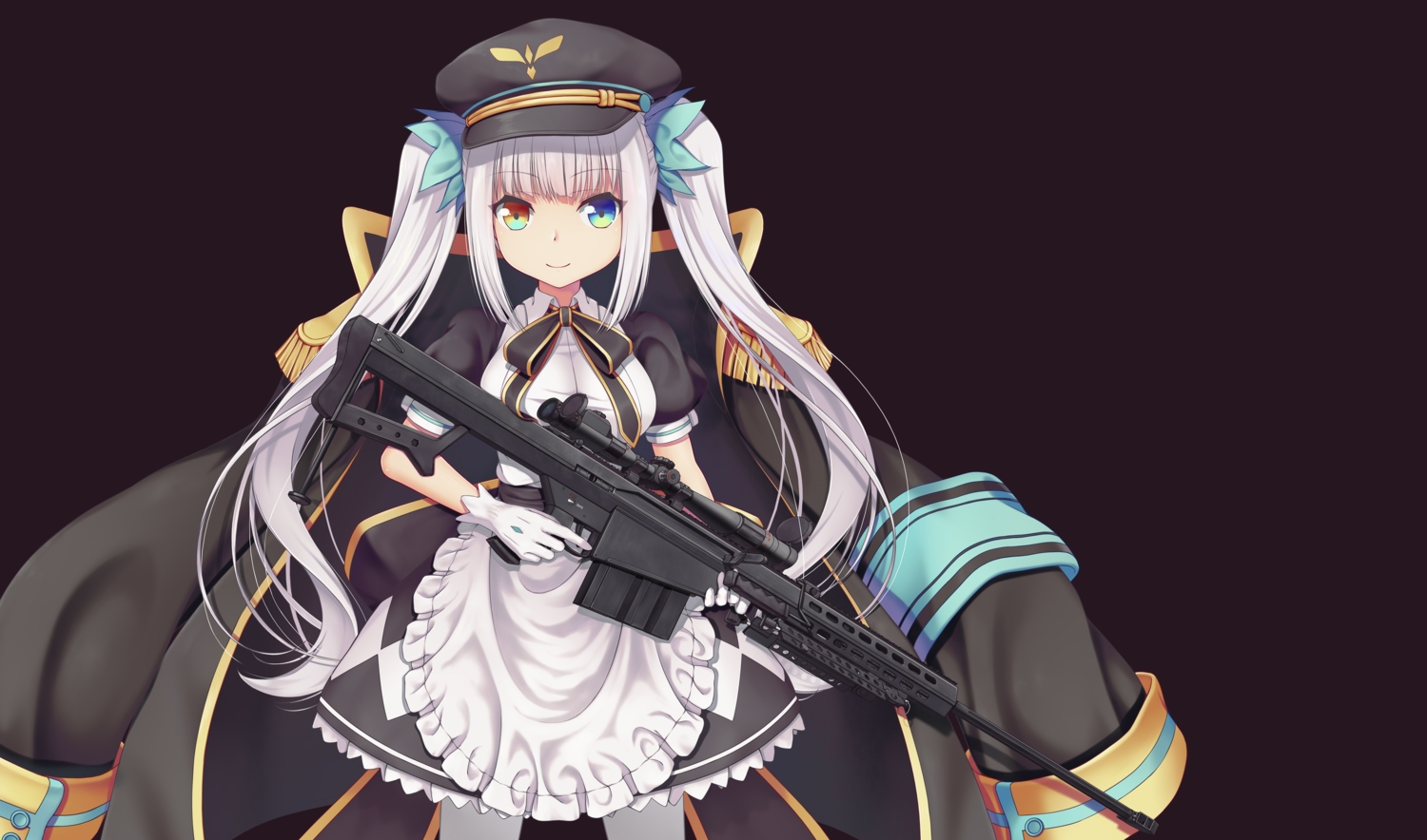 1037519921, apron, bicolored_eyes, breasts, gloves, gun, hat, kagura_gumi, kagura_mea, long_hair, maid, military, pantyhose, twintails, weapon, white_hair