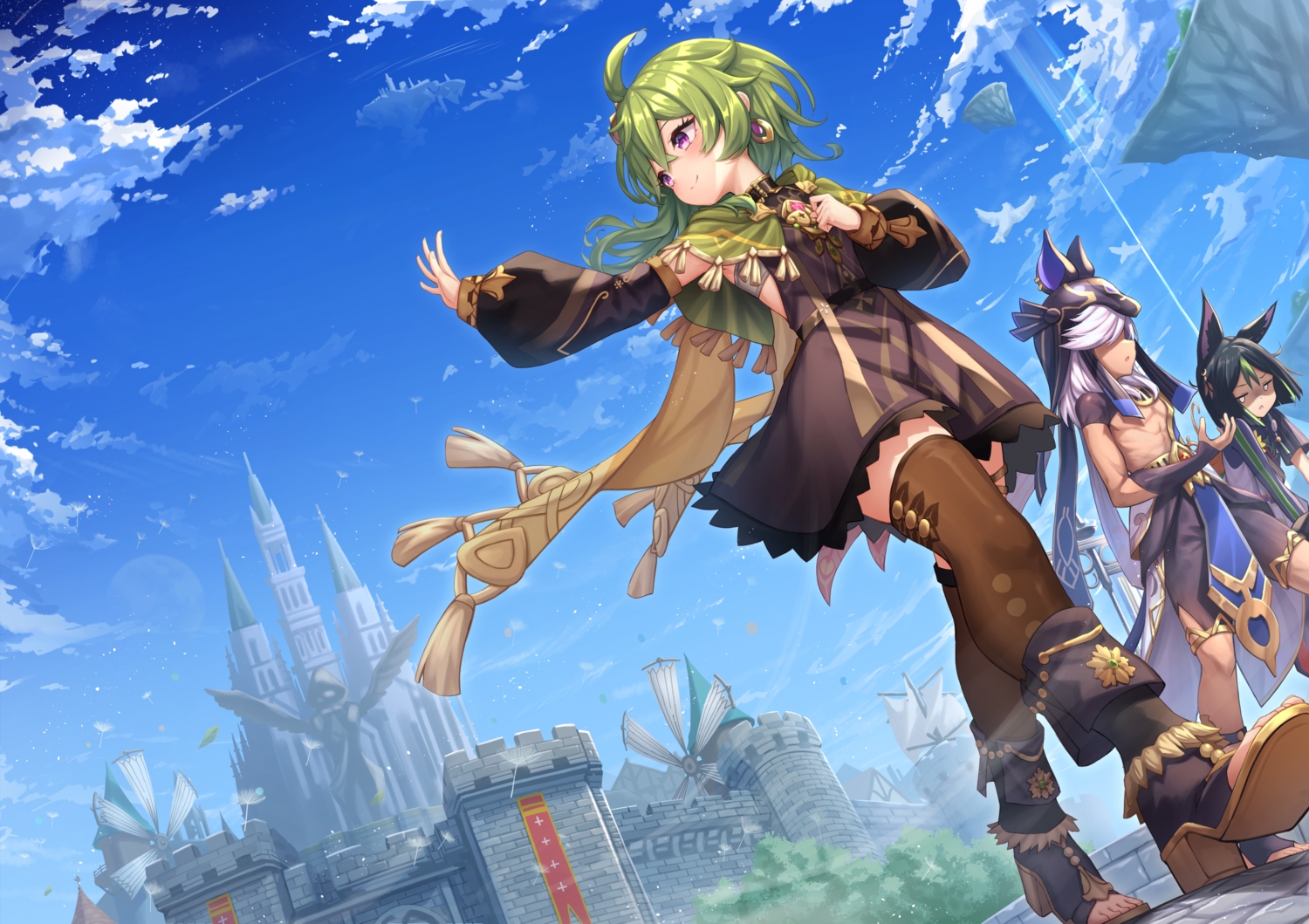 animal, animal_ears, bird, clouds, collei_(genshin_impact), cyno_(genshin_impact), dress, garter