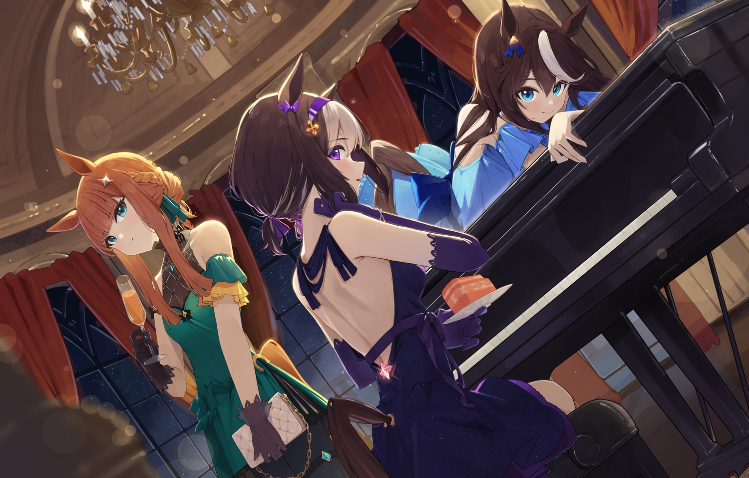 animal_ears, anthropomorphism, blue_eyes, blush, braids, brown_hair, cake, dress