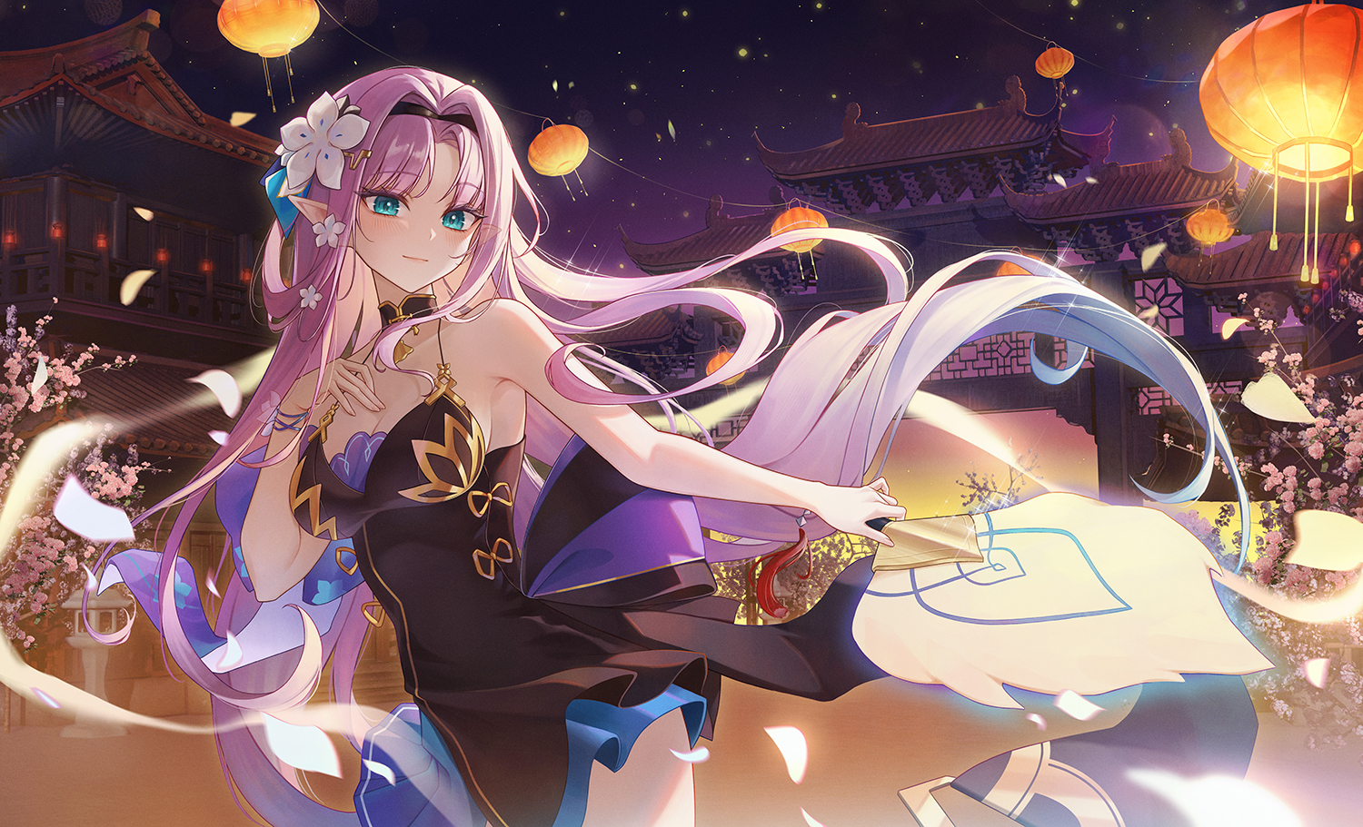 amid_(epic7), aqua_eyes, blush, breasts, building, cherry_blossoms, cleavage, dress