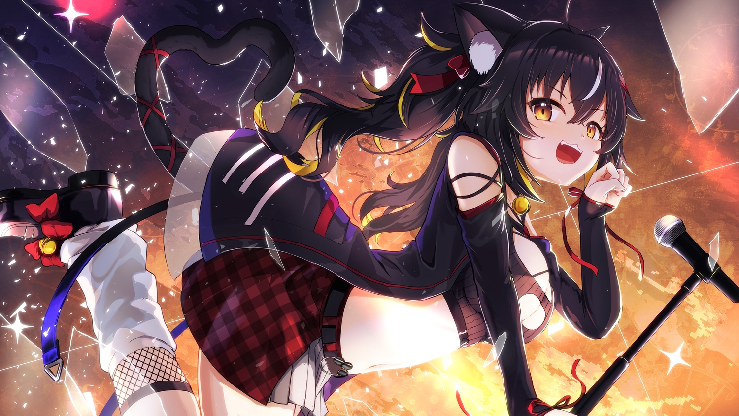 black_hair, bow, breasts, brown_eyes, catgirl, cat_smile, chiyuru_mikazuki, cleavage, dress, fang, long_hair, microphone, namacotan, navel, ribbons, skirt, socks, tail, twintails, univirtual