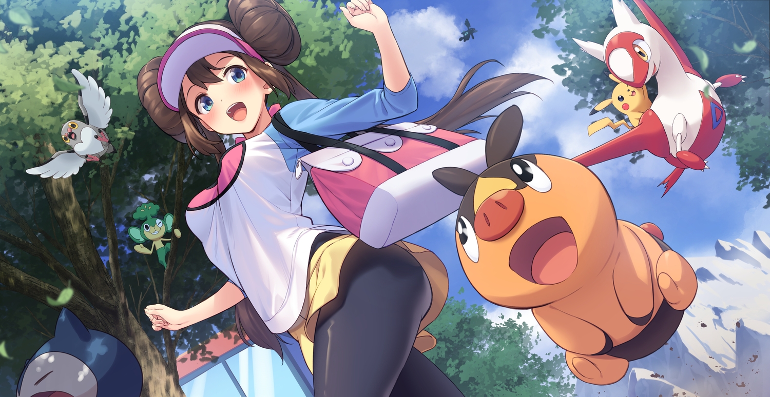blush, brown_hair, clouds, hat, latias, long_hair, mei_(pokemon), pansage
