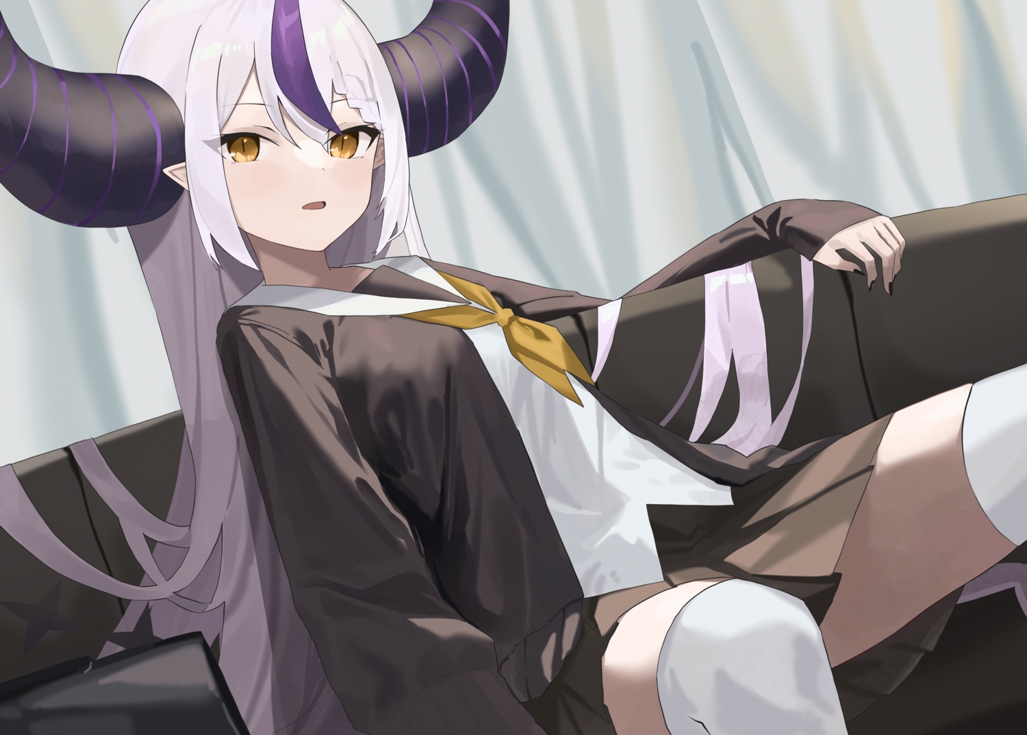braids, couch, demon, evening_rabbit, gray_hair, hololive, horns, la+_darkness