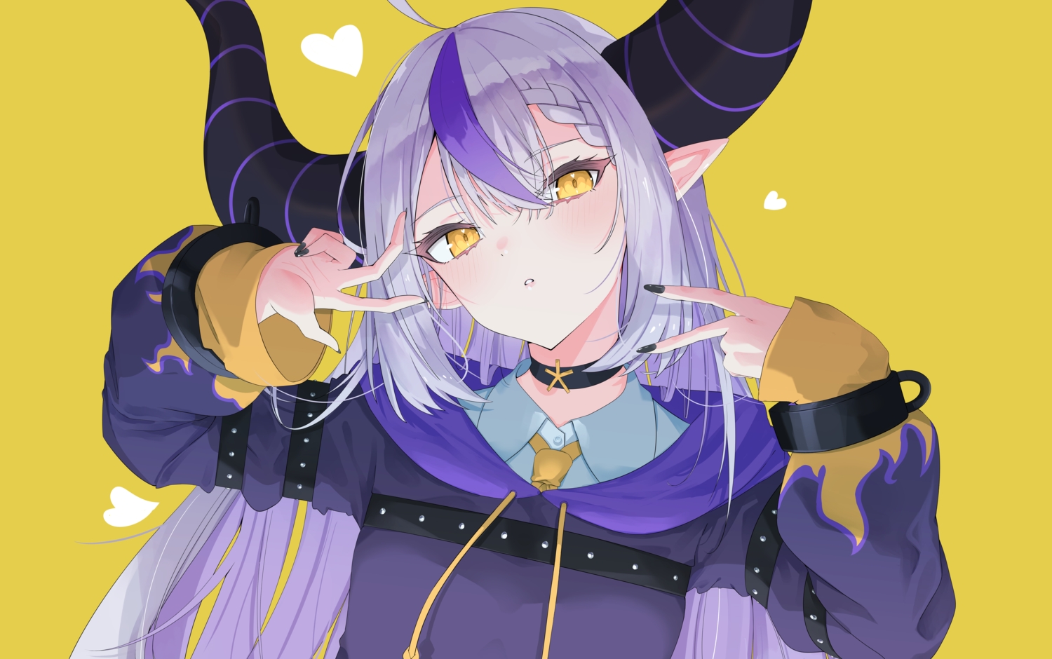 blush, braids, choker, garter, gray_hair, heart, hololive, hood, horns, la+_darkness, long_hair, lunariskat, pointed_ears, shackles, shirt, tie, wristwear, yellow, yellow_eyes