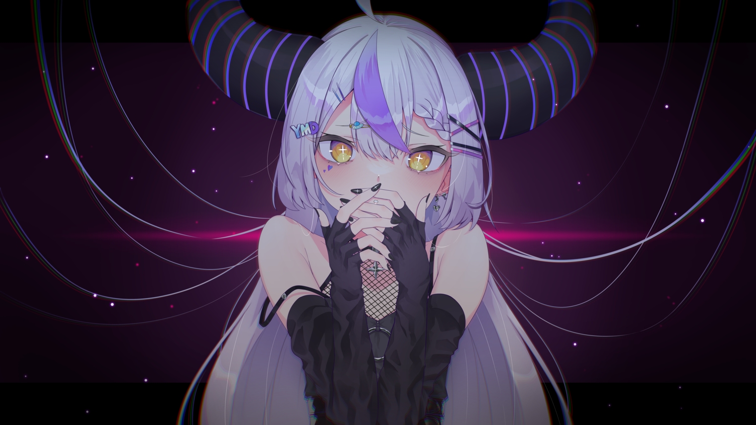 braids, demon, elbow_gloves, flat_chest, gloves, gray_hair, heart, hololive, horns, la+_darkness, long_hair, lunariskat, yellow_eyes