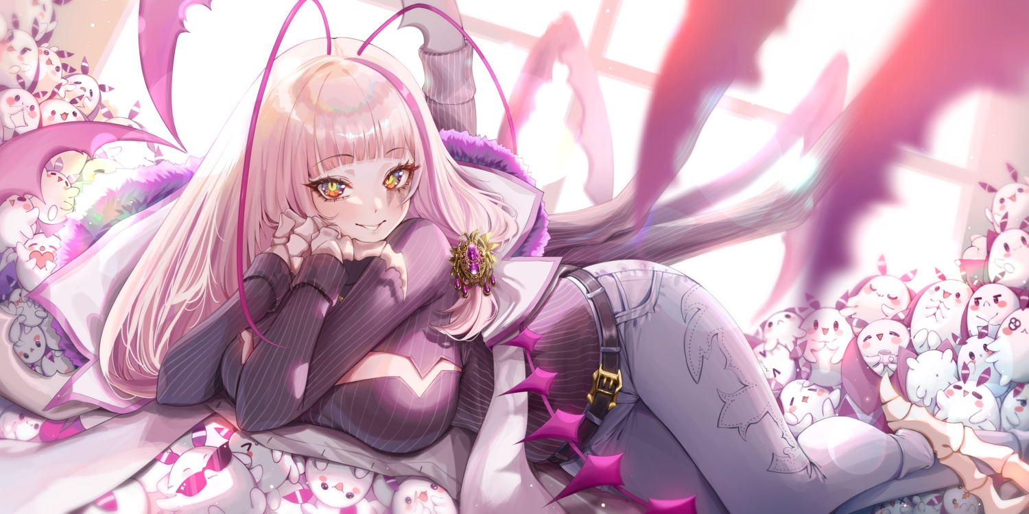 anthropomorphism, breasts, long_hair, matara_kan, pink_hair, red_eyes, rosebell, vshojo