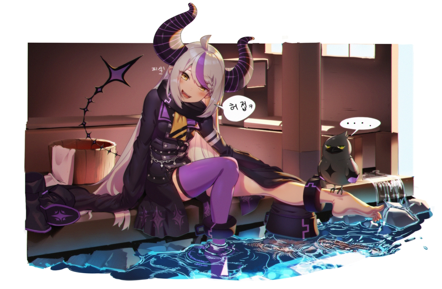 animal, barefoot, bird, braids, demon, dress, fang, hololive
