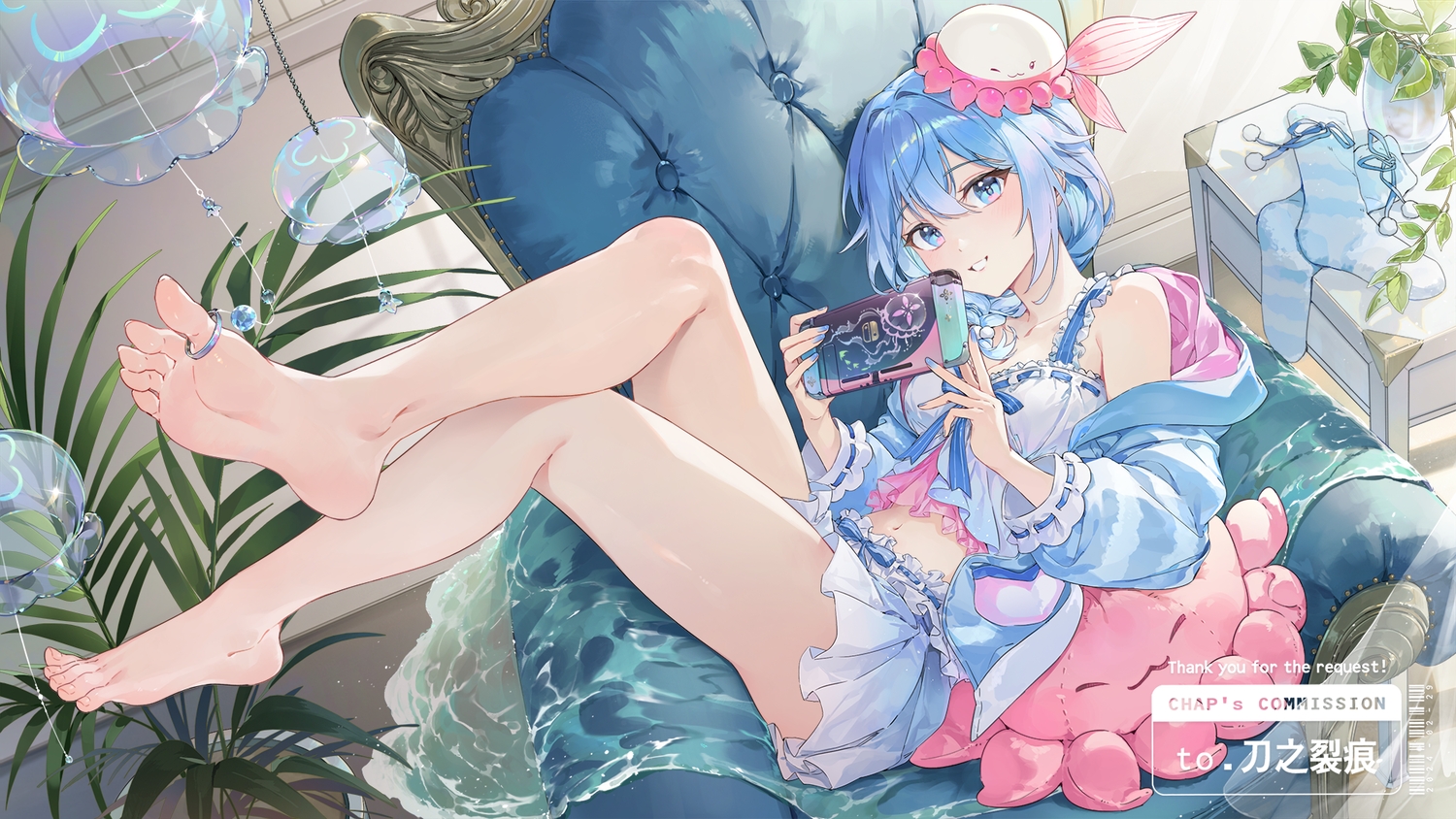 aqua_eyes, aqua_hair, barefoot, braids, chap_sal_!, dress, game_console, haiyi, hood, leaves, navel, ribbons, short_hair, skirt, socks, synthesizer_v, water, watermark