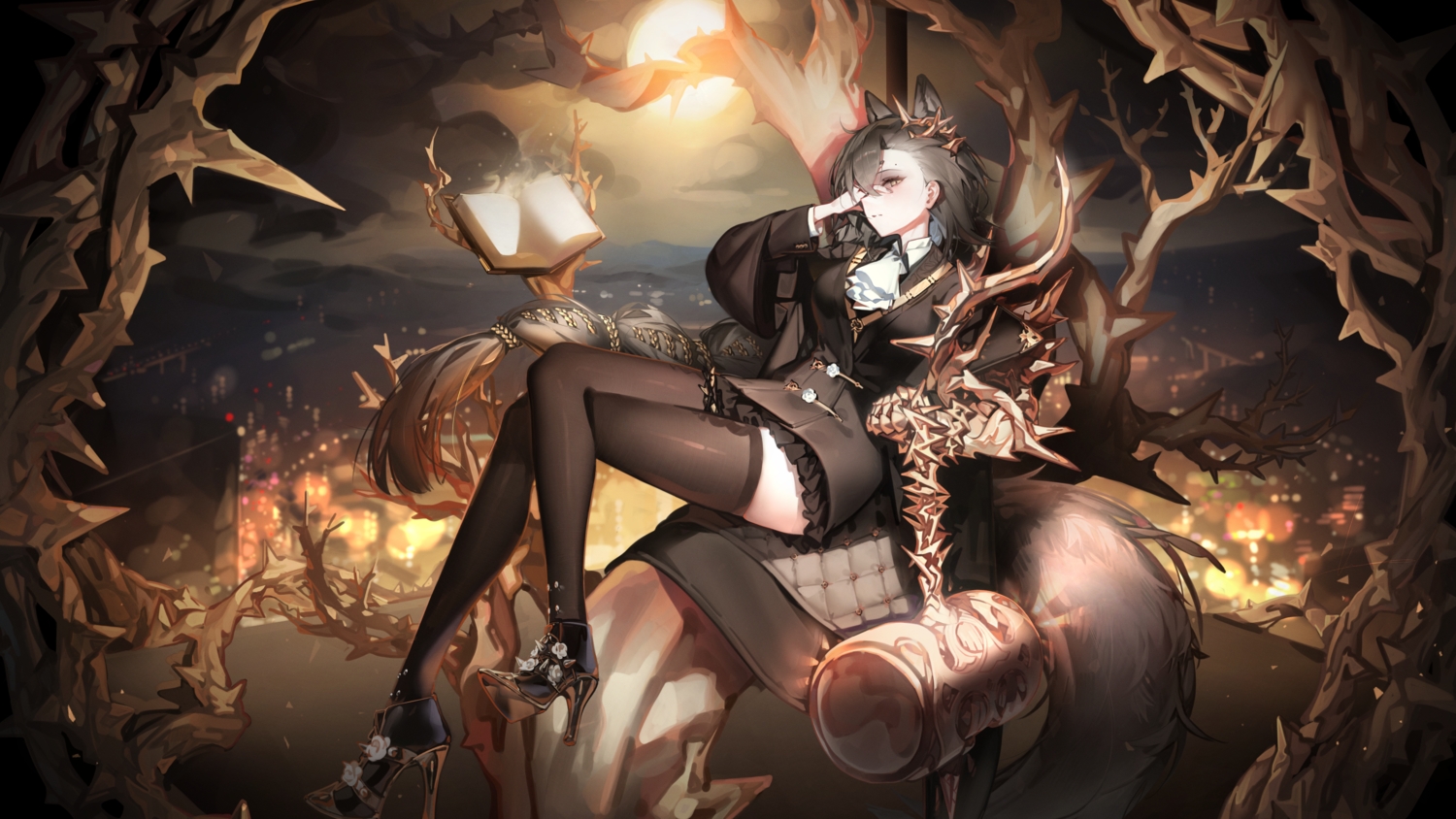 animal_ears, arknights, black_hair, book, building, city, clouds, libiadan