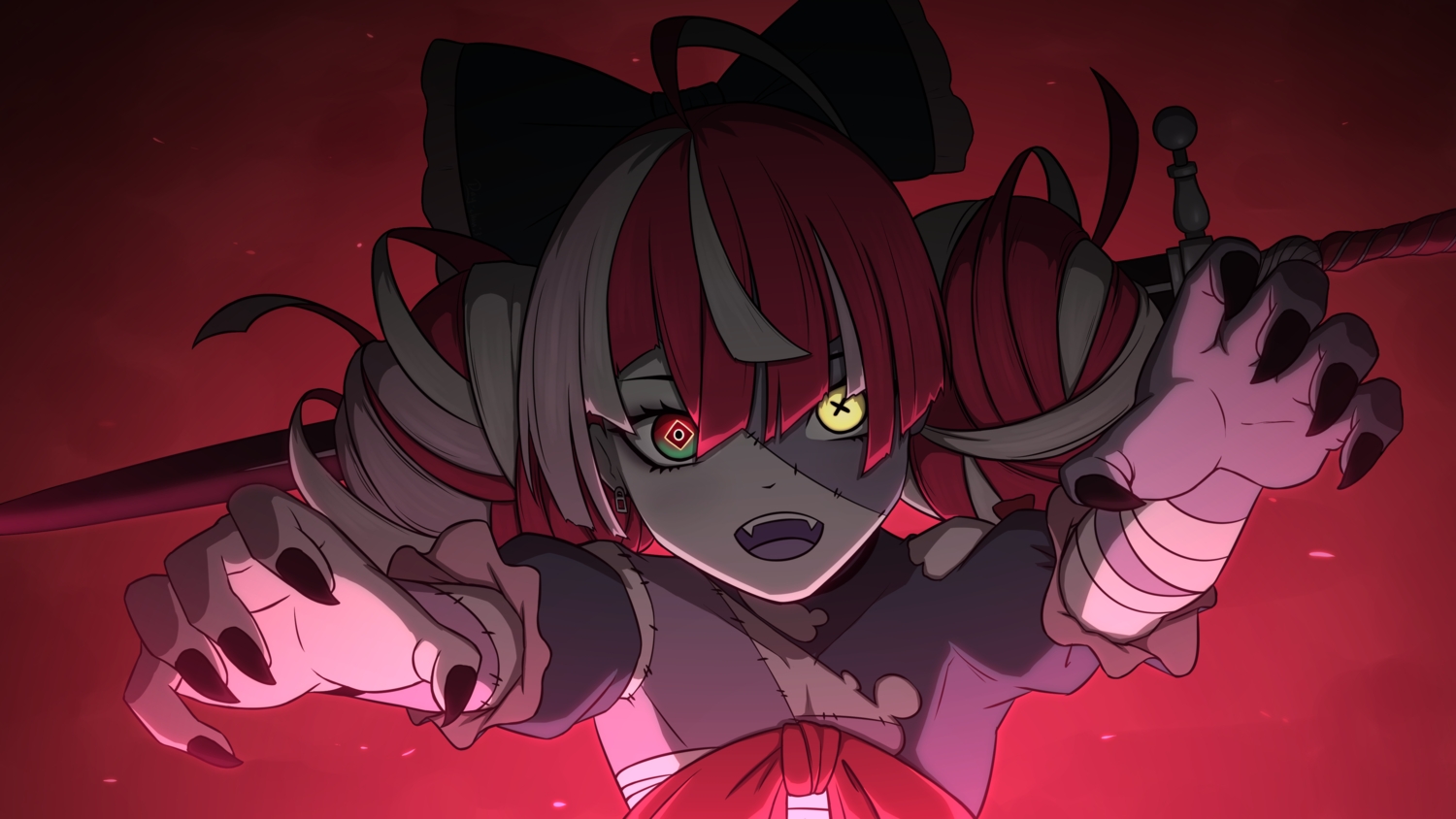 bandage, bicolored_eyes, bow, close, daydarion, fang, goth-loli, hololive