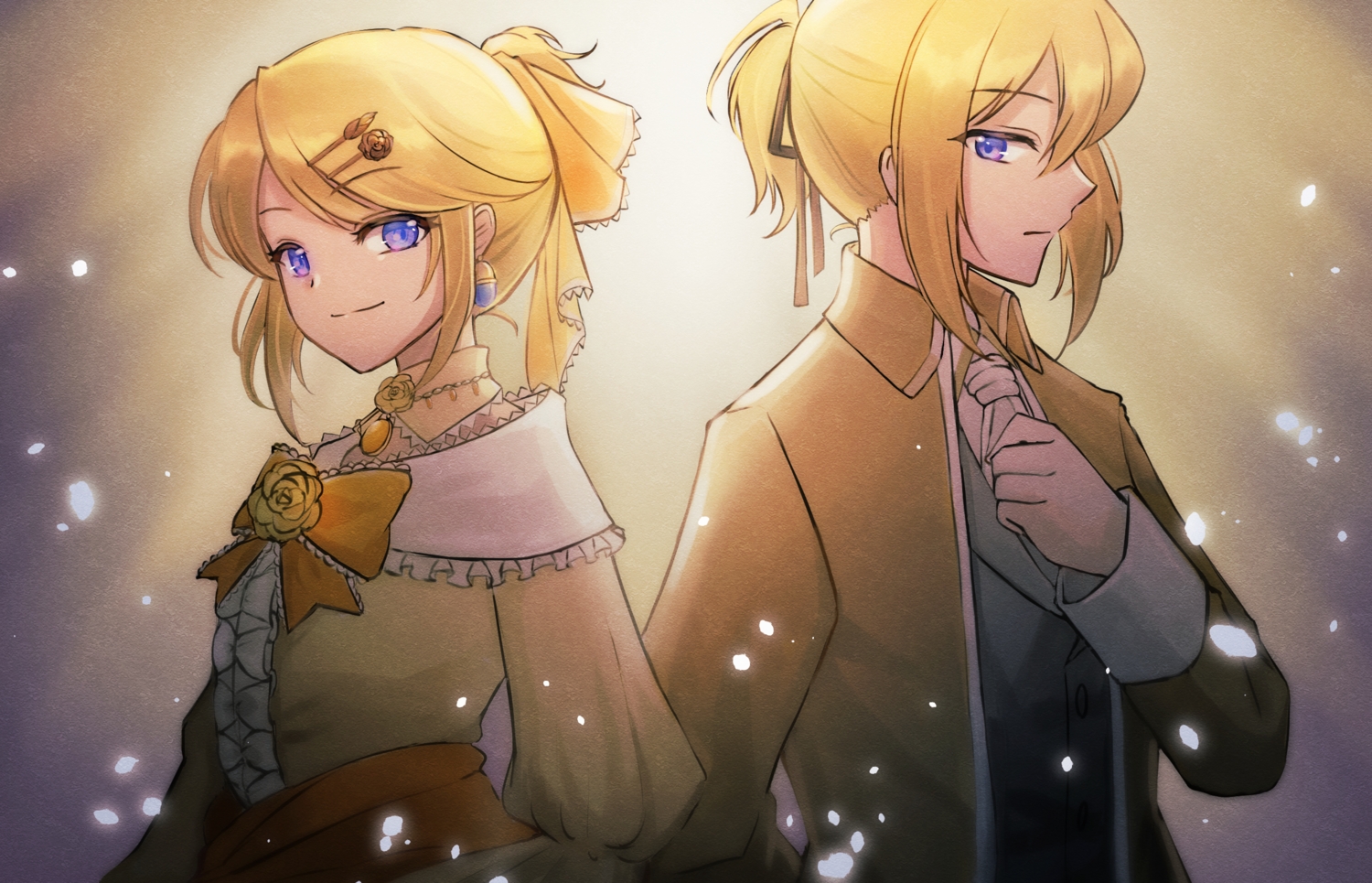 blonde_hair, dress, kagamine_len, kagamine_rin, male, necklace, ponytail, purple_eyes