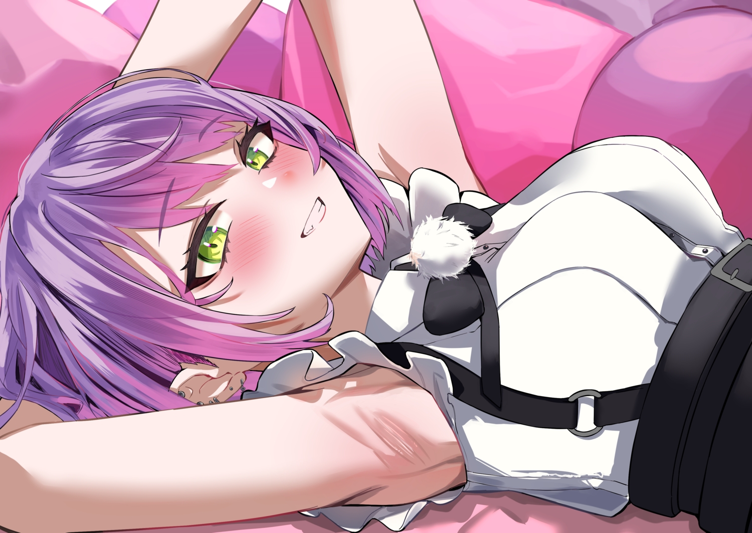 blush, breasts, close, futoshi_tanaka, garter, green_eyes, hololive, purple_hair