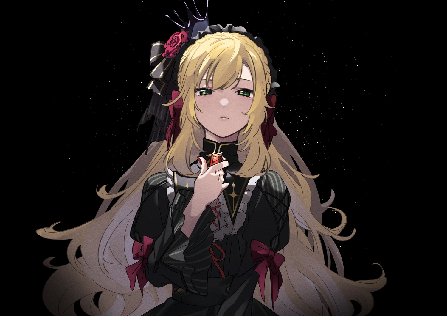 all_male, black, blonde_hair, bow, crown, dress, flowers, green_eyes
