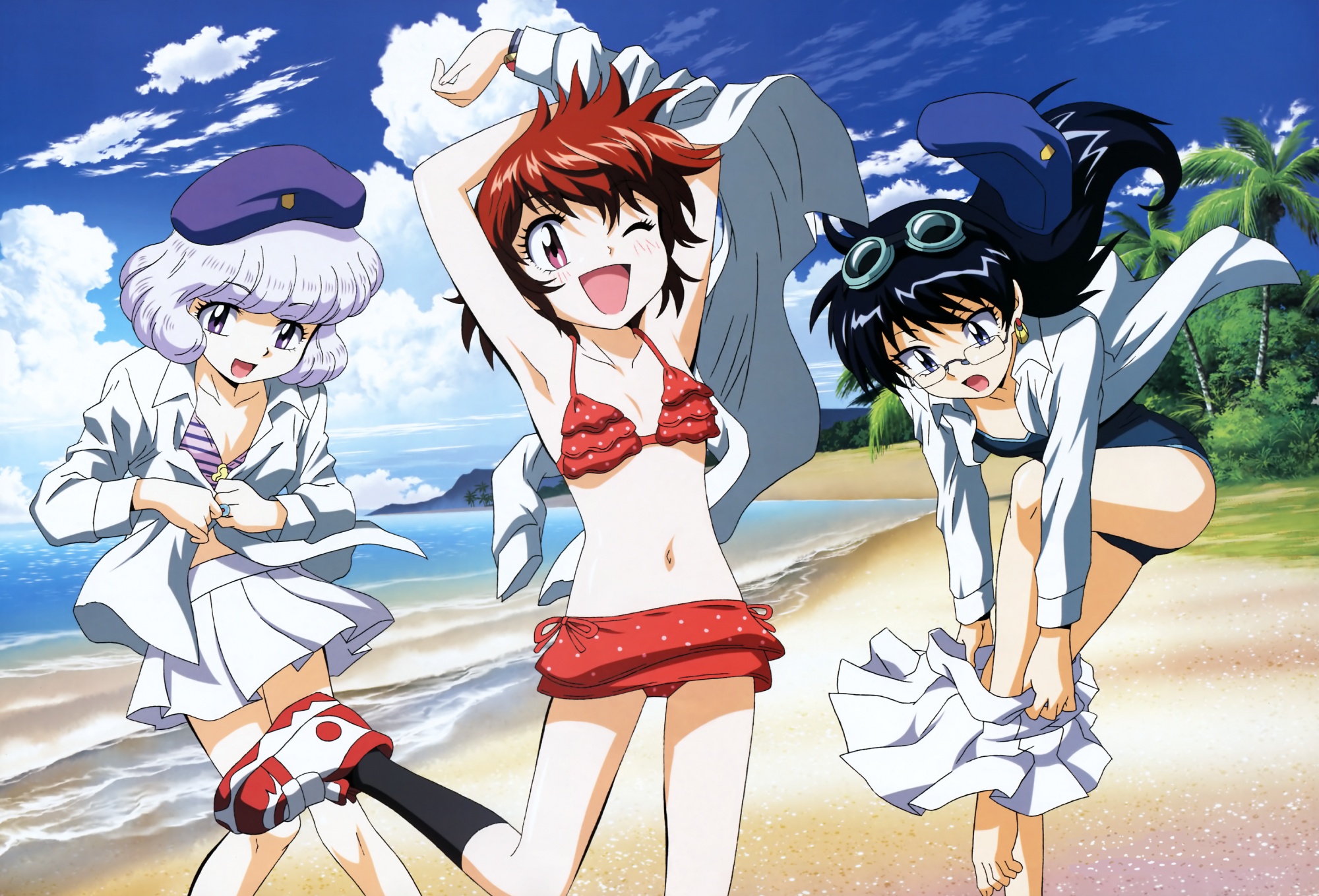 akashi_kaoru, beach, bikini, black_hair, blue_eyes, clouds, flat_chest, glasses, goggles, hat, jpeg_artifacts, loli, long_hair, matsumoto_tomoyuki, megami, nogami_aoi, purple_eyes, red_hair, sannomiya_shiho, scan, school_uniform, shirt, short_hair, skirt, sky, swimsuit, undressing, water, white_hair, zettai_karen_children