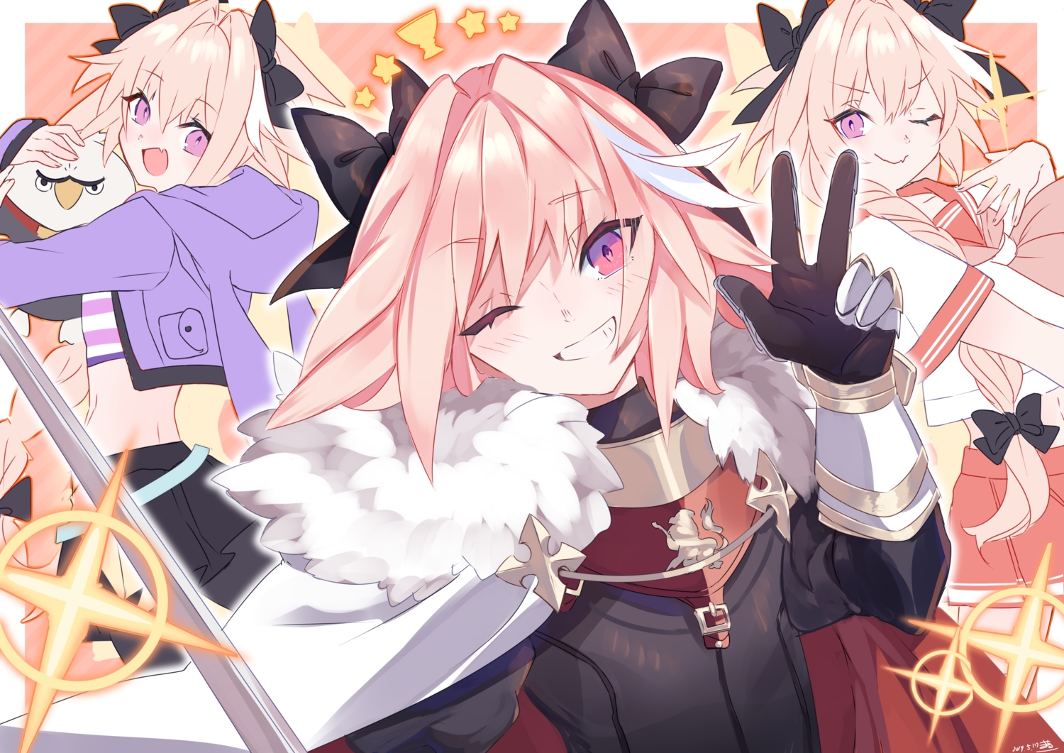 all_male, armor, astolfo, bow, cape, fang, fate/grand_order, fate_(series)