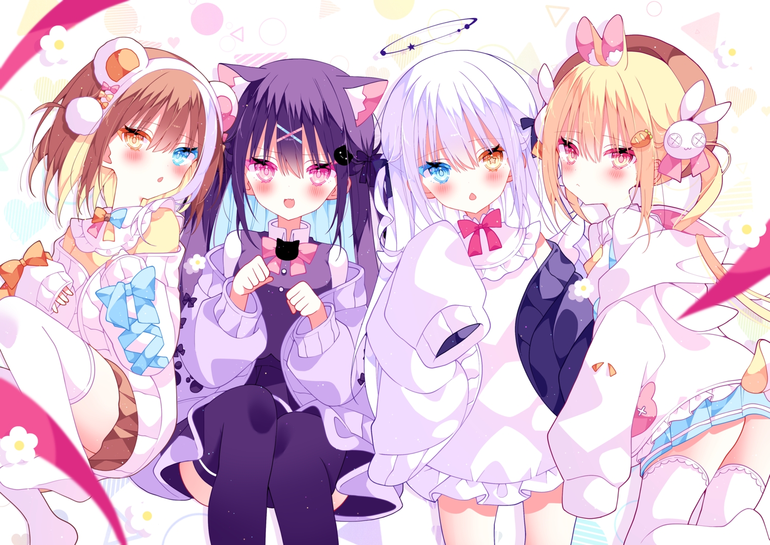 animal_ears, bicolored_eyes, black_hair, blonde_hair, blush, bow, brown_hair, bunny_ears